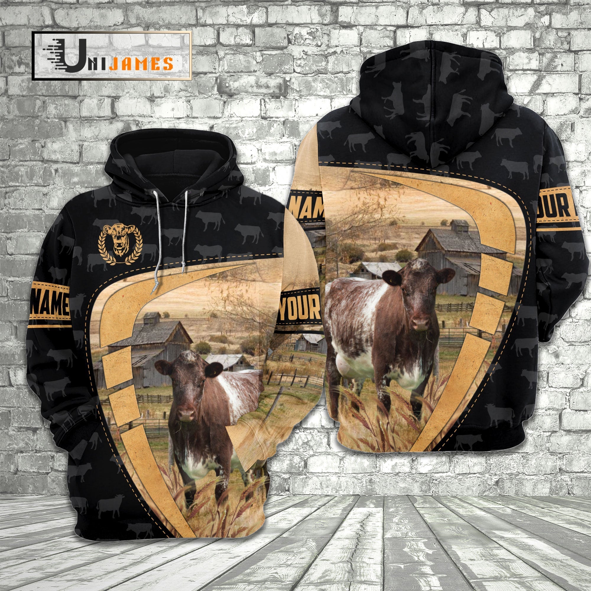 Shorthorn Yellow Black Customized Name 3D Hoodie