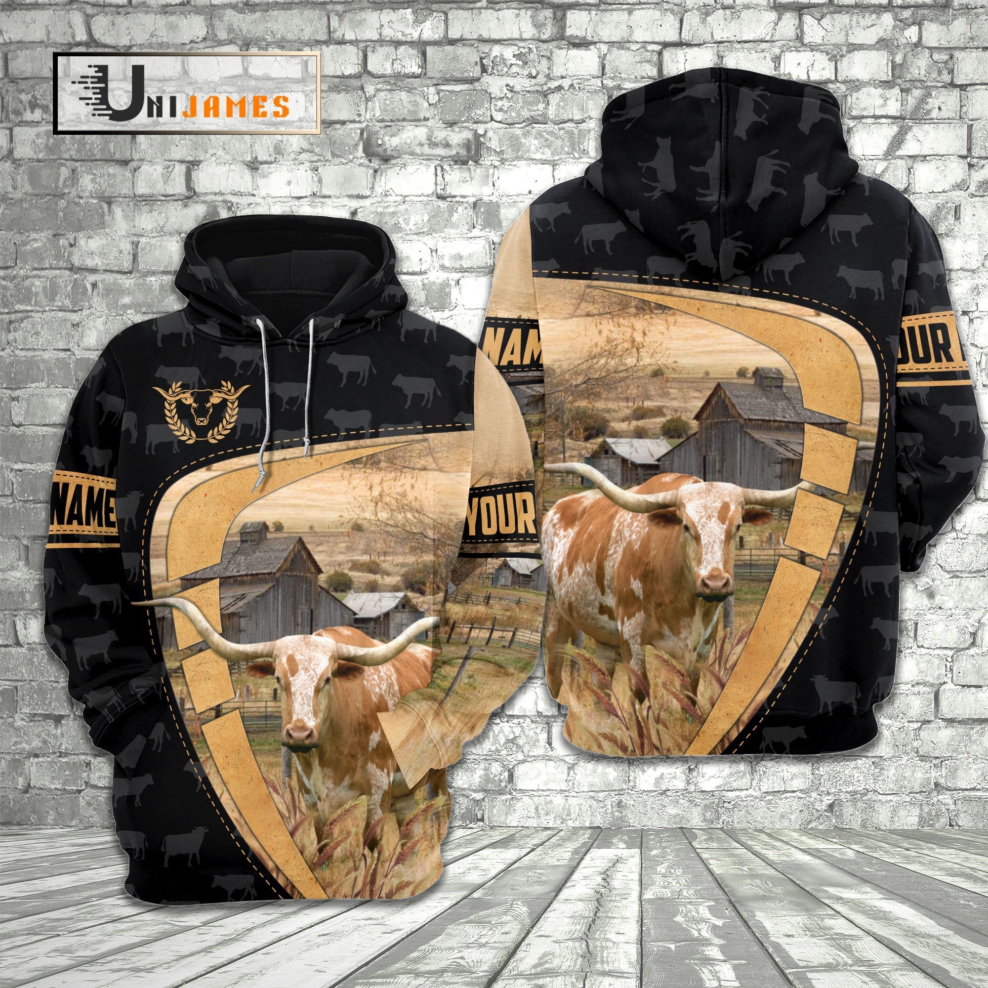 Texas Longhorn Yellow Black Customized Name 3D Hoodie