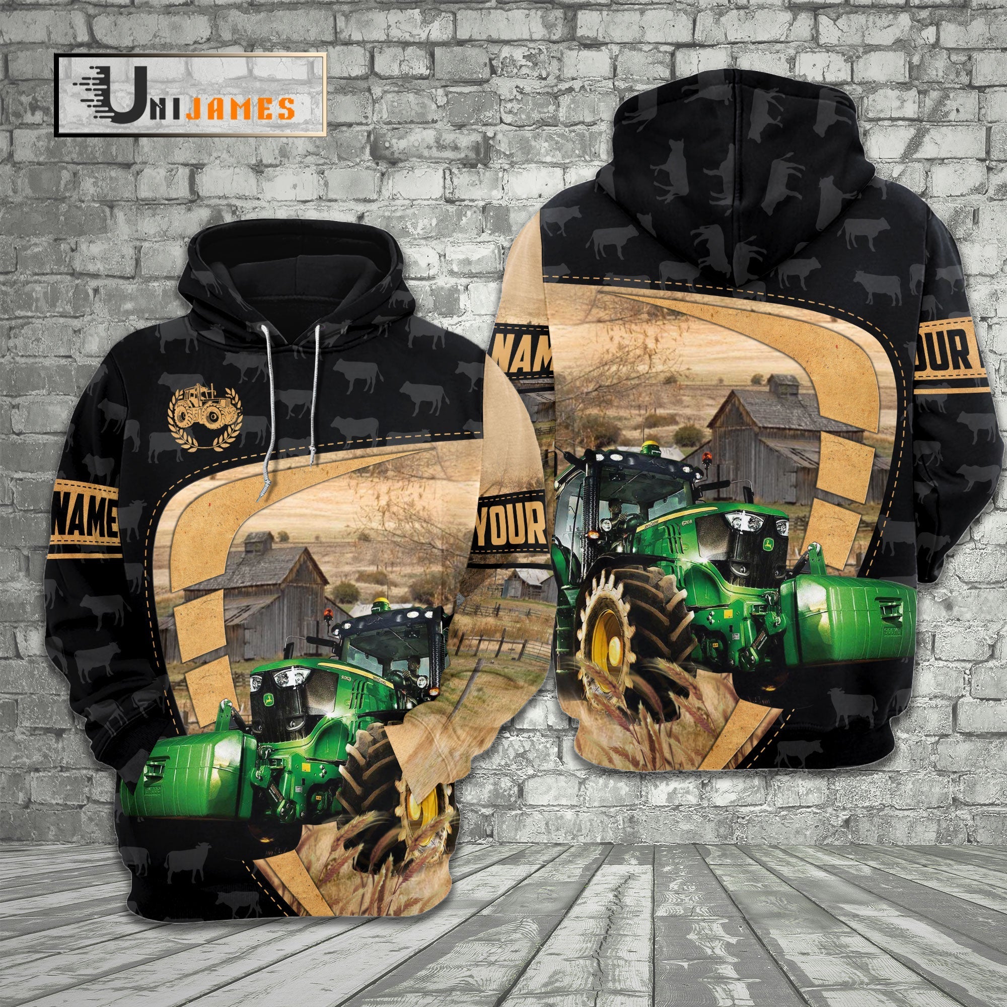 Tractor Yellow Black Customized Name 3D Hoodie
