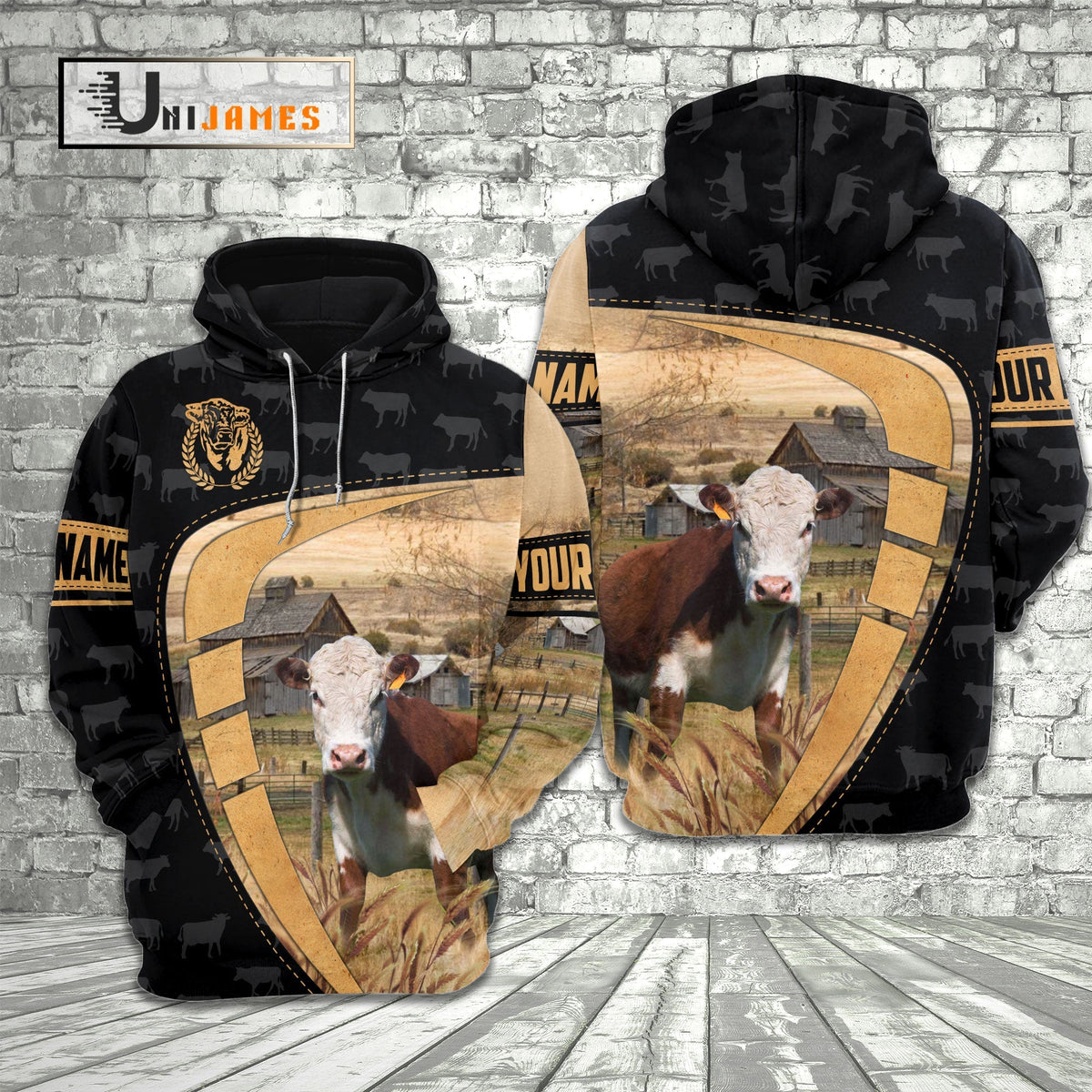 Hereford Yellow Black Customized Name 3D Hoodie