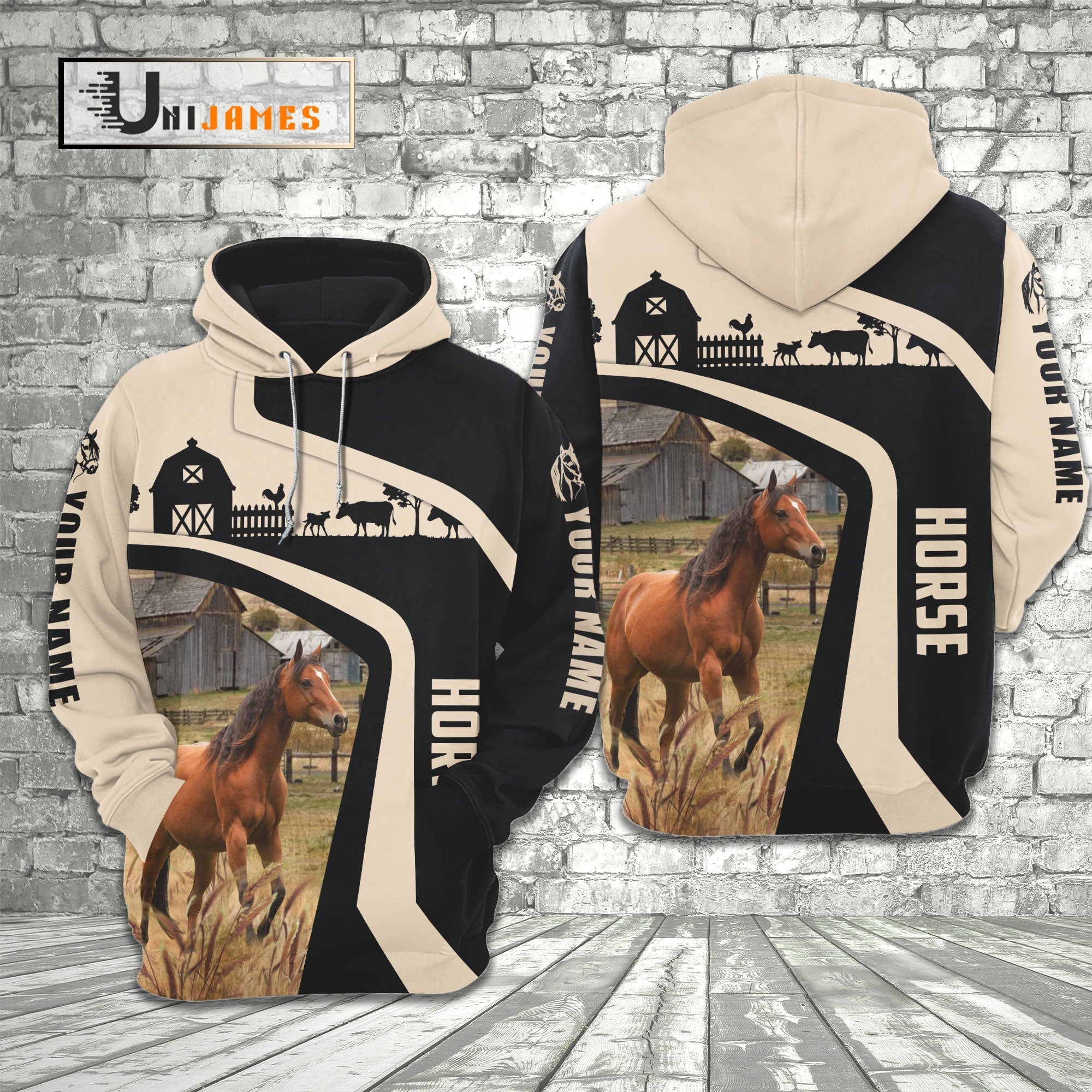 Horse Black White Custom Name 3D Hoodie