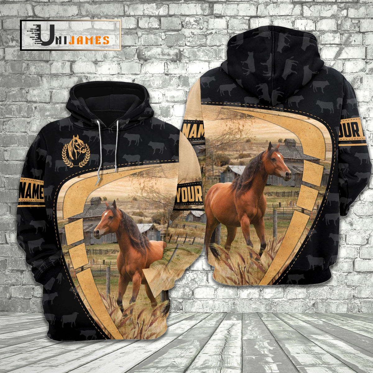 Horse Yellow Black Customized Name 3D Hoodie