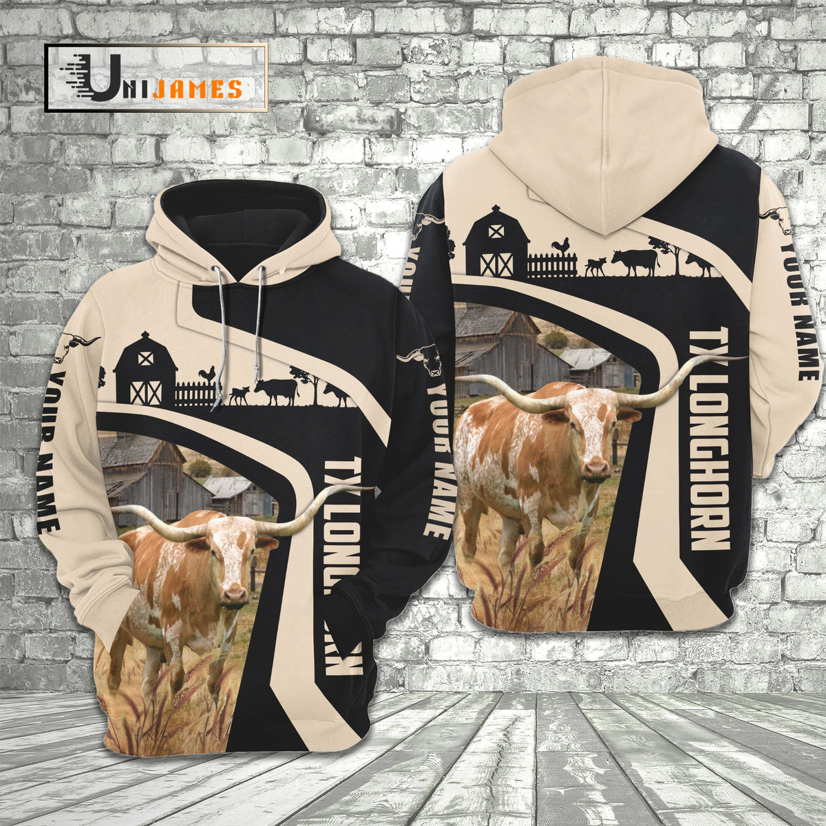 Texas Longhorn Black White Custom Name 3D Hoodie