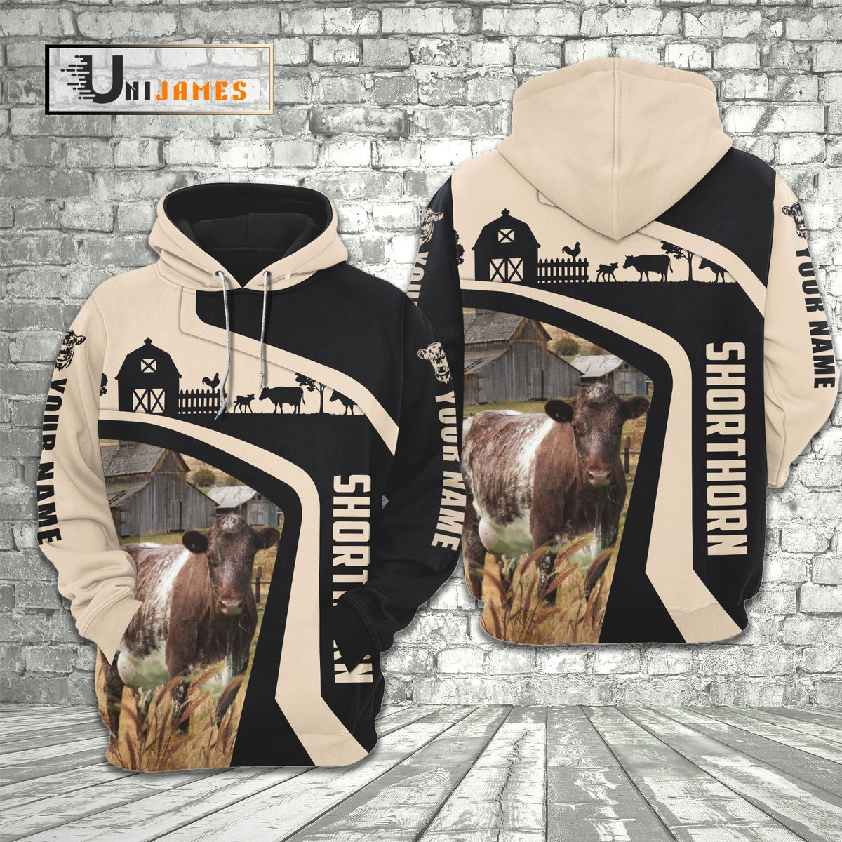 Shorthorn Black White Custom Name 3D Hoodie