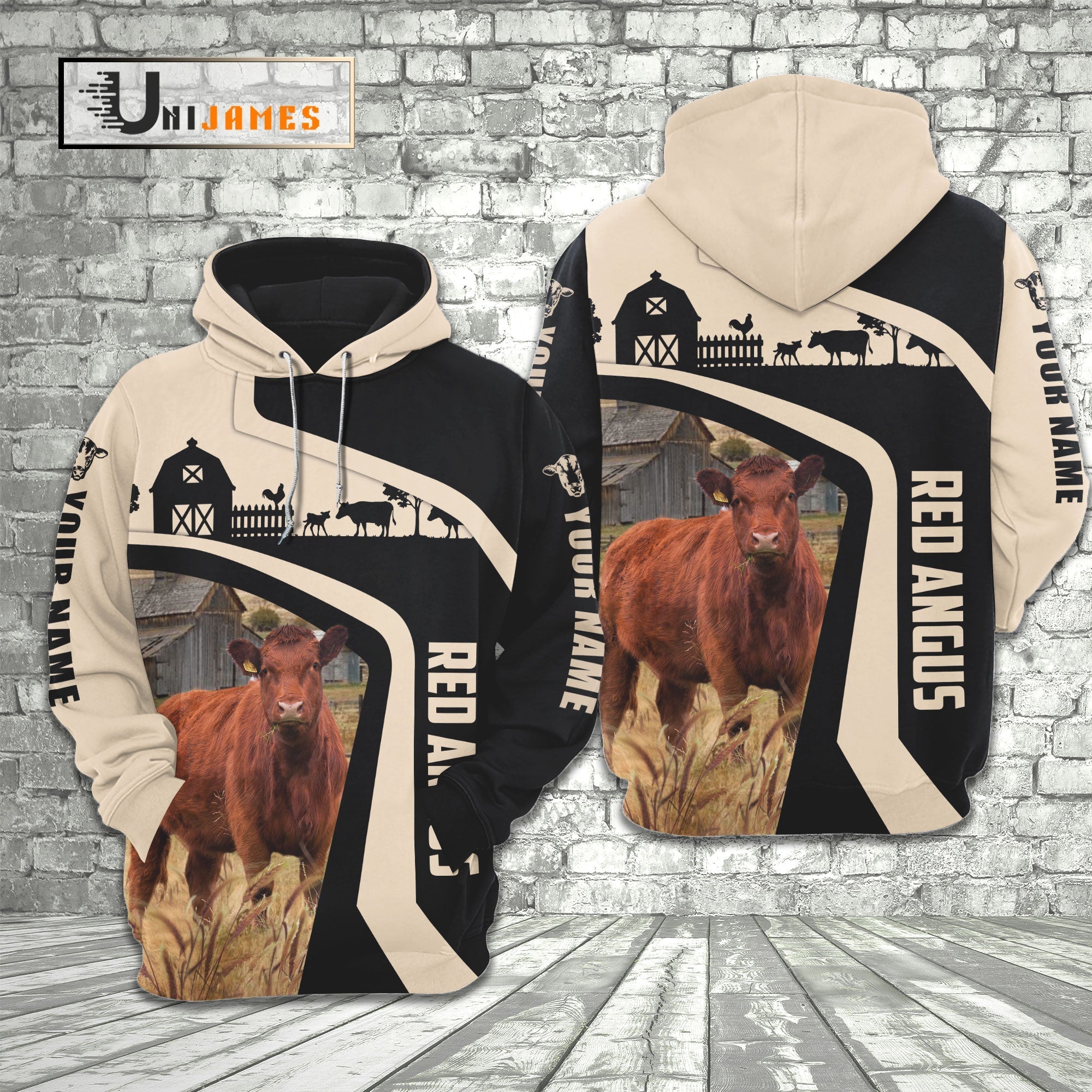 Red Angus Black White Custom Name 3D Hoodie