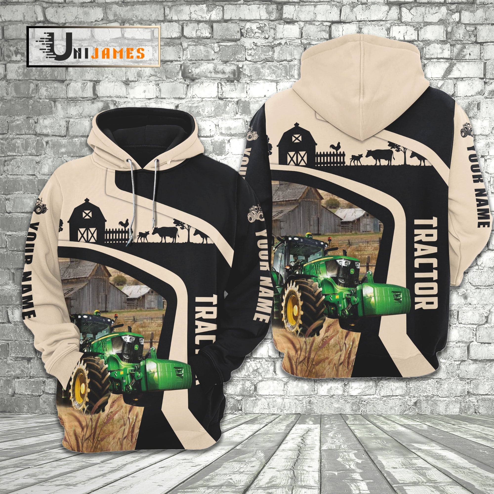 Tractor Black White Custom Name 3D Hoodie