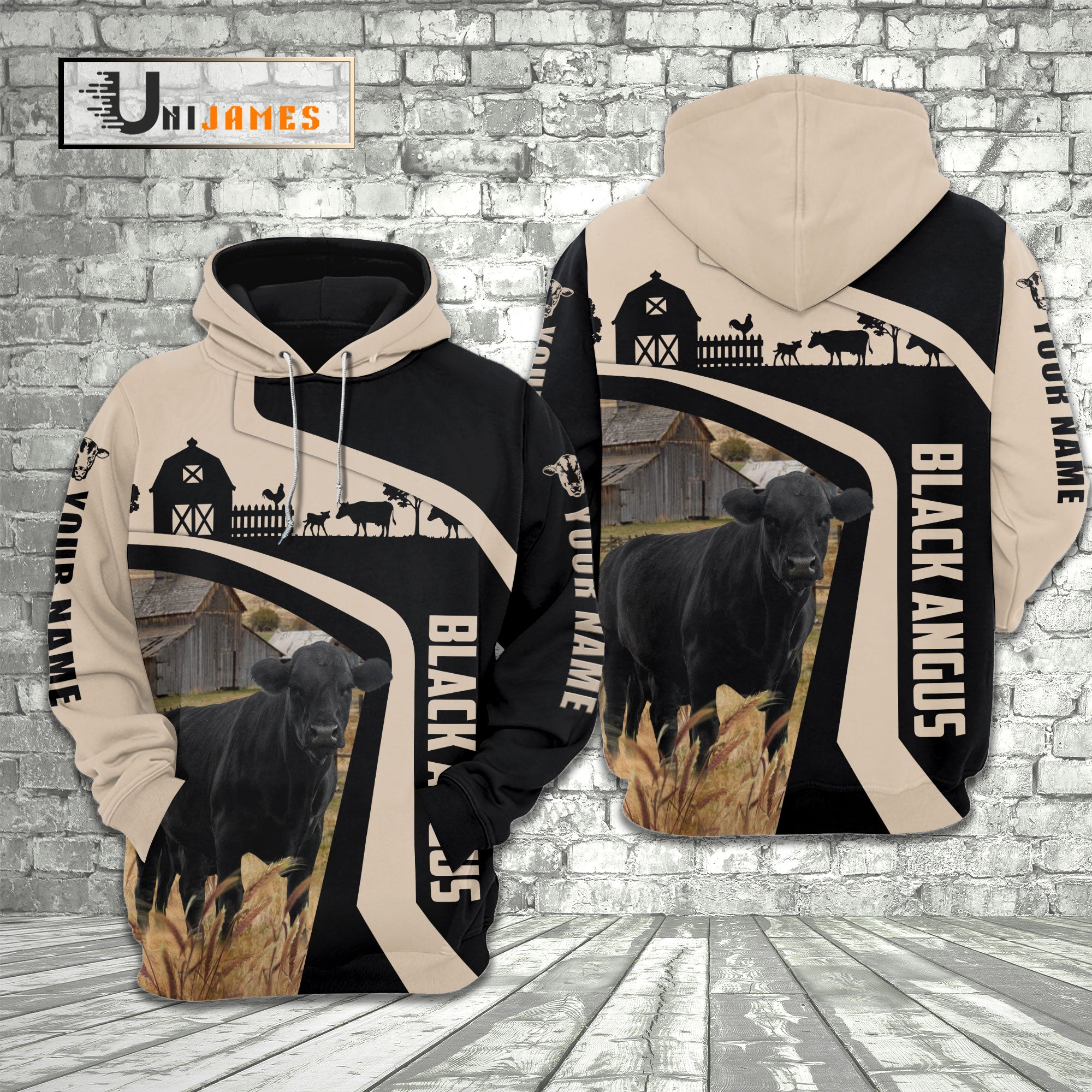 Black Angus Black White Custom Name 3D Hoodie