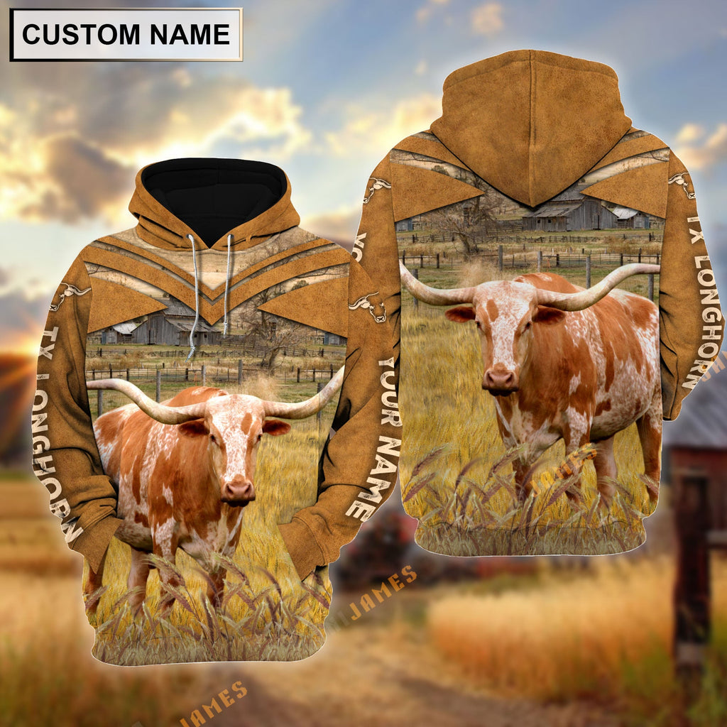 Personalized Name Texas Longhorn Brown Pattern 3D Hoodie