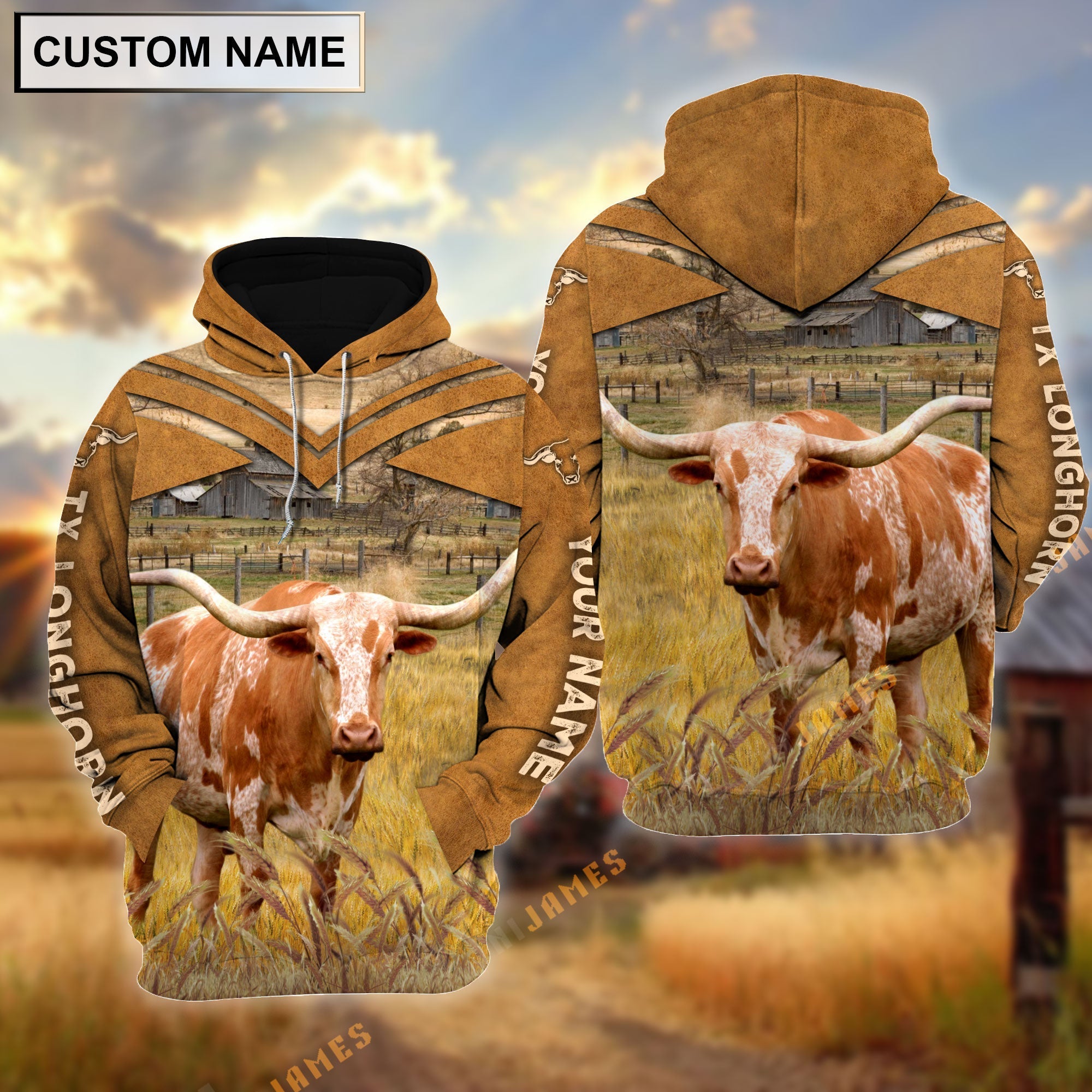 Personalized Name Texas Longhorn Brown Pattern 3D Hoodie