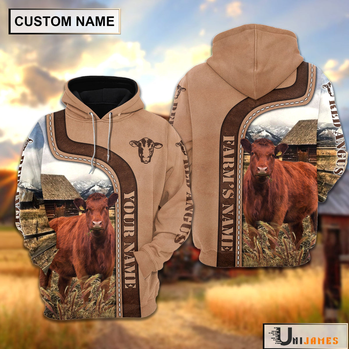 Personalized Name Red Angus Light Brown Hoodie