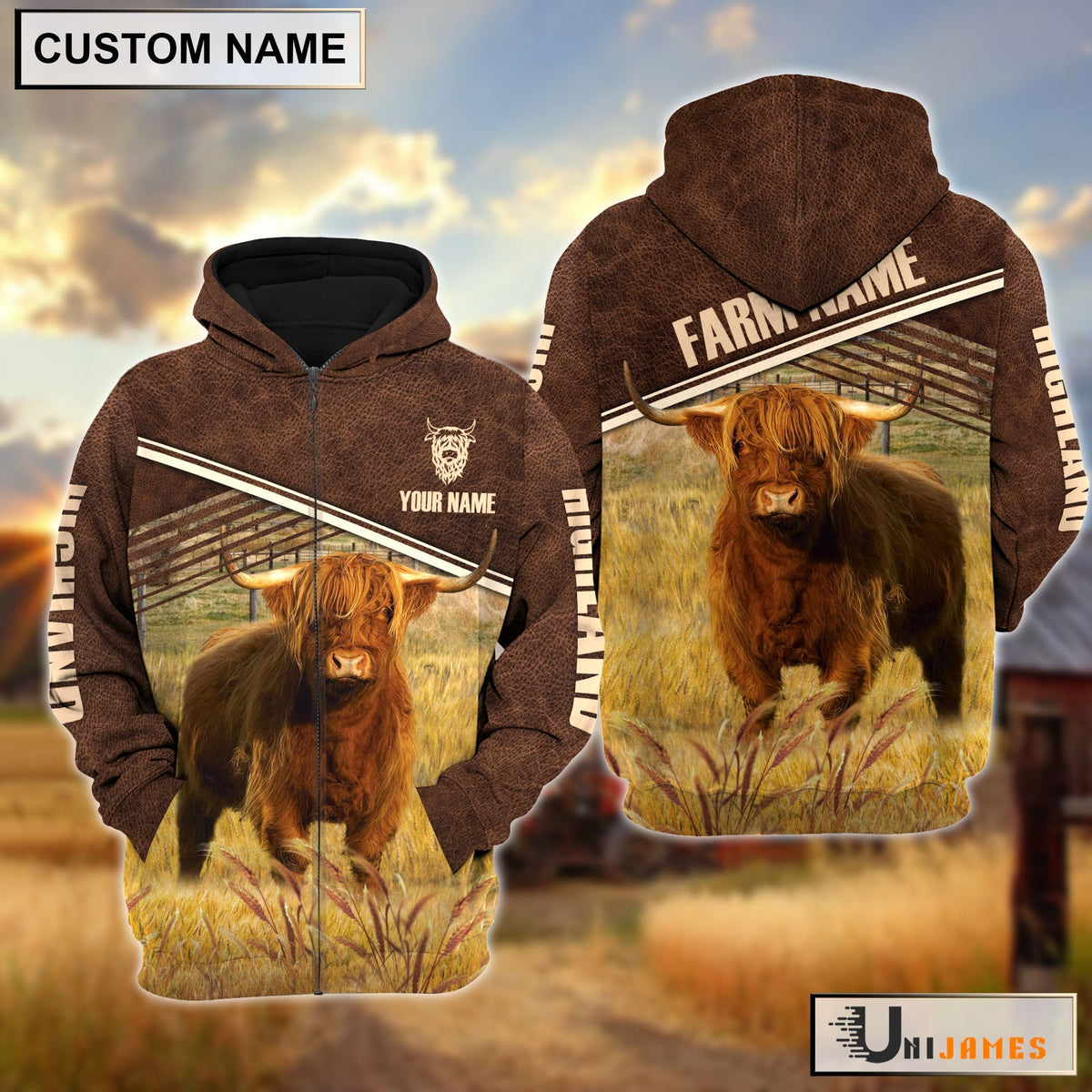 Highland On Farm Leather Pattern Personalized Hoodie
