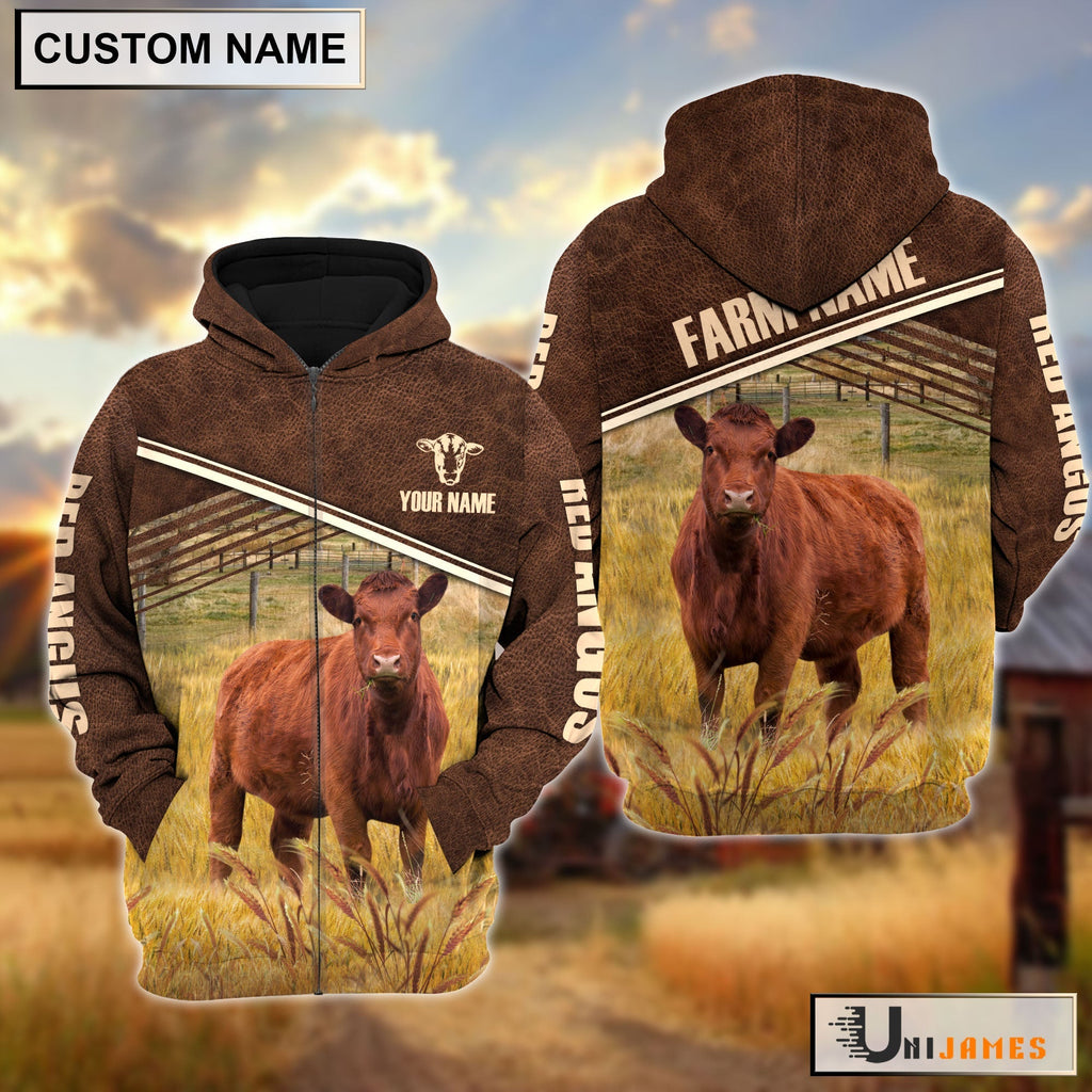 Red Angus On Farm Leather Pattern Personalized Hoodie