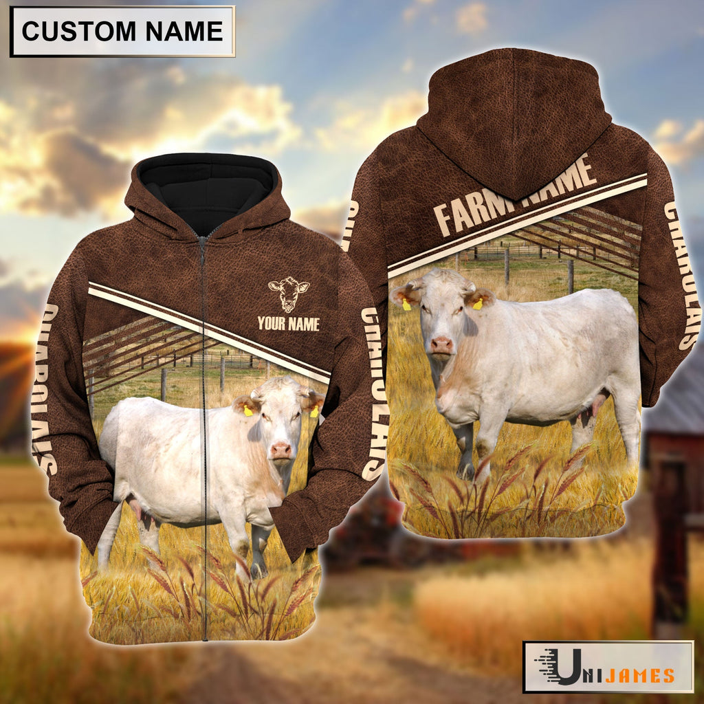 Charolais On Farm Leather Pattern Personalized Hoodie
