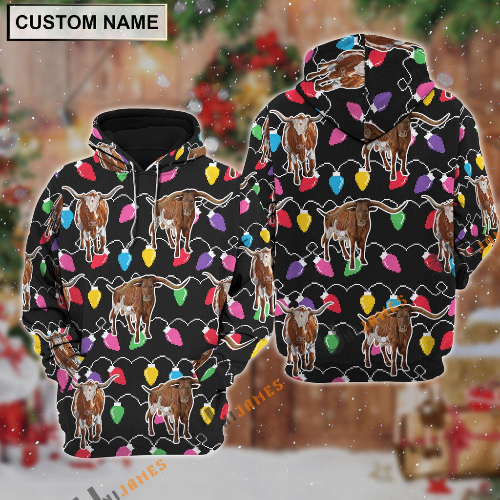 Texas Longhorn Christmas Led Light Personalized Name 3D Hoodie