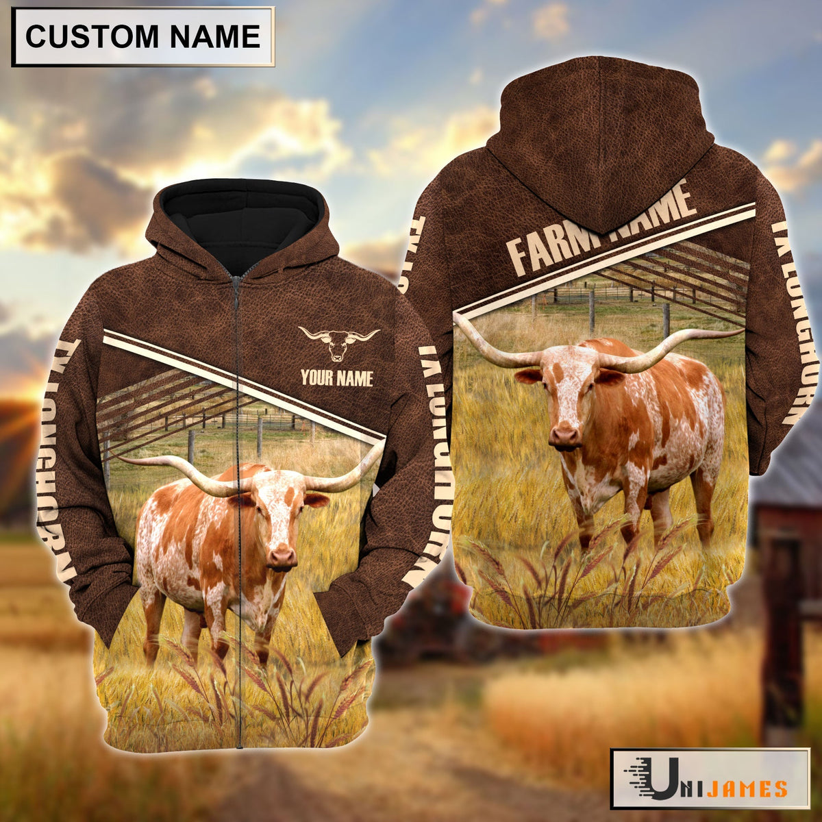 Texas Longhorn On Farm Leather Pattern Personalized Hoodie
