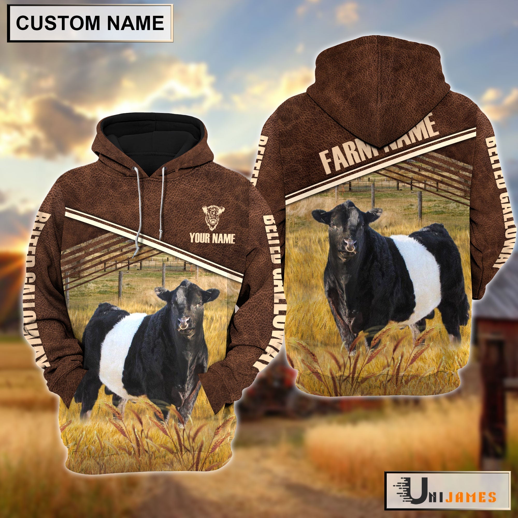 Belted Galloway On Farm Leather Pattern Personalized Hoodie