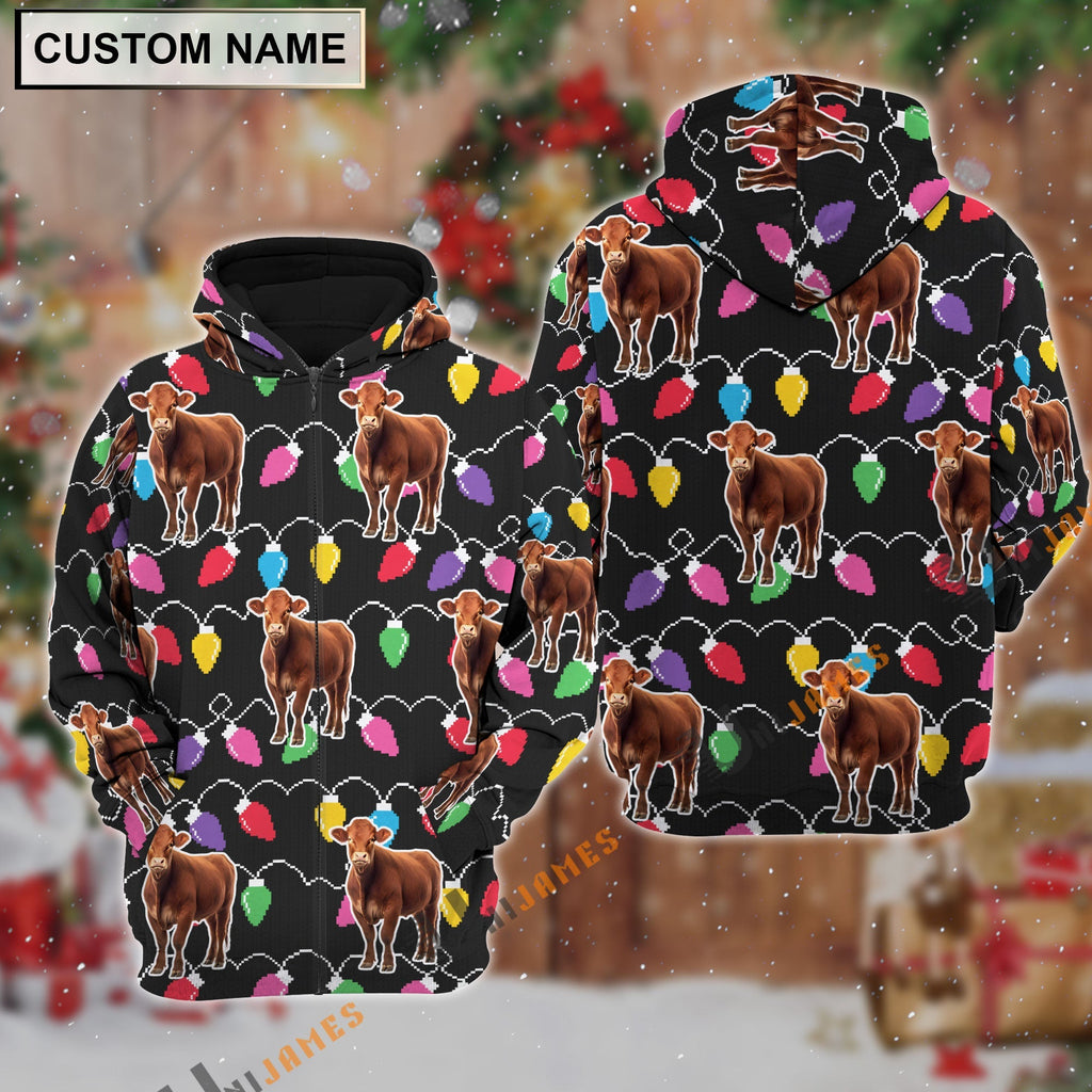 Red Angus Christmas Led Light Personalized Name 3D Hoodie