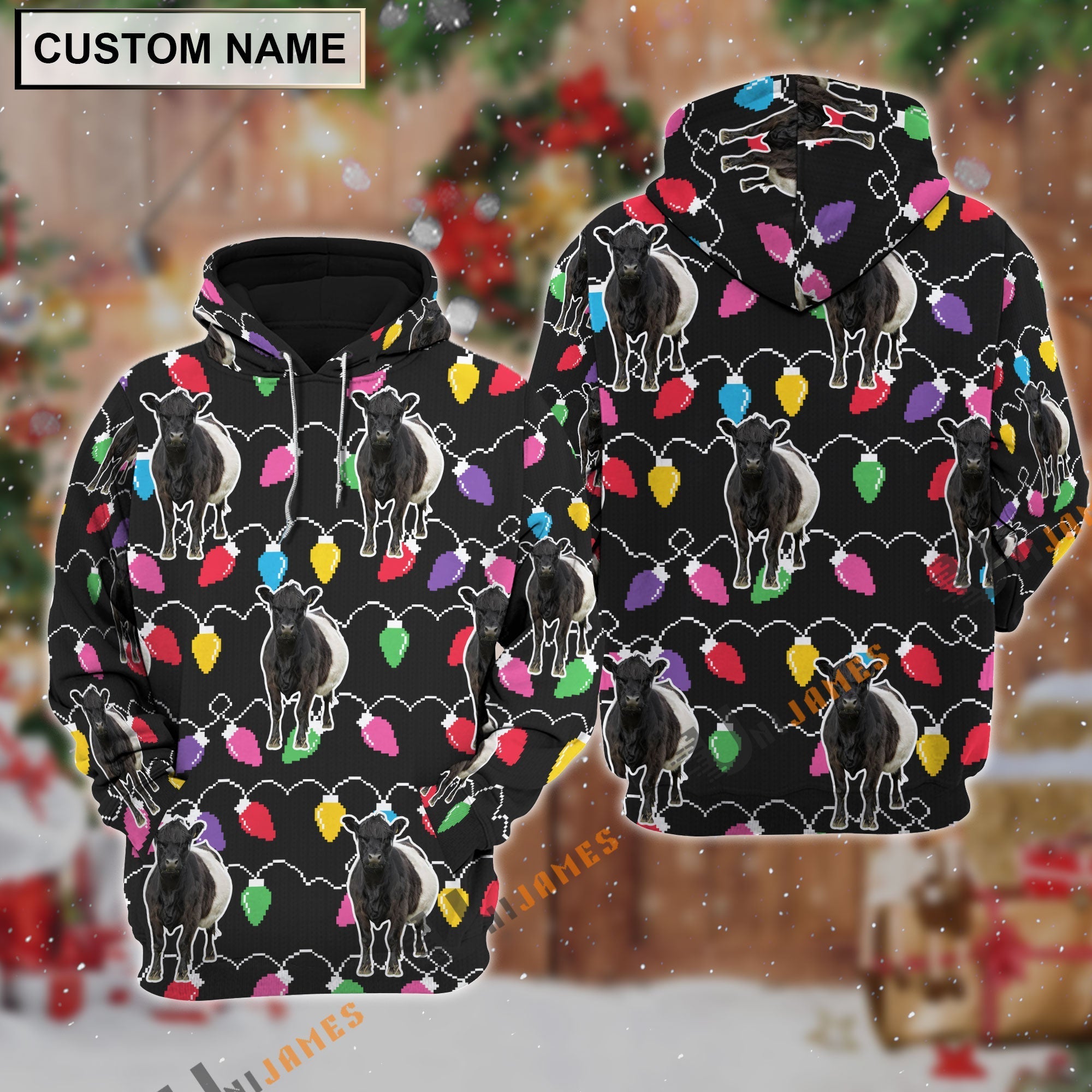 Belted Galloway Christmas Led Light Personalized Name 3D Hoodie