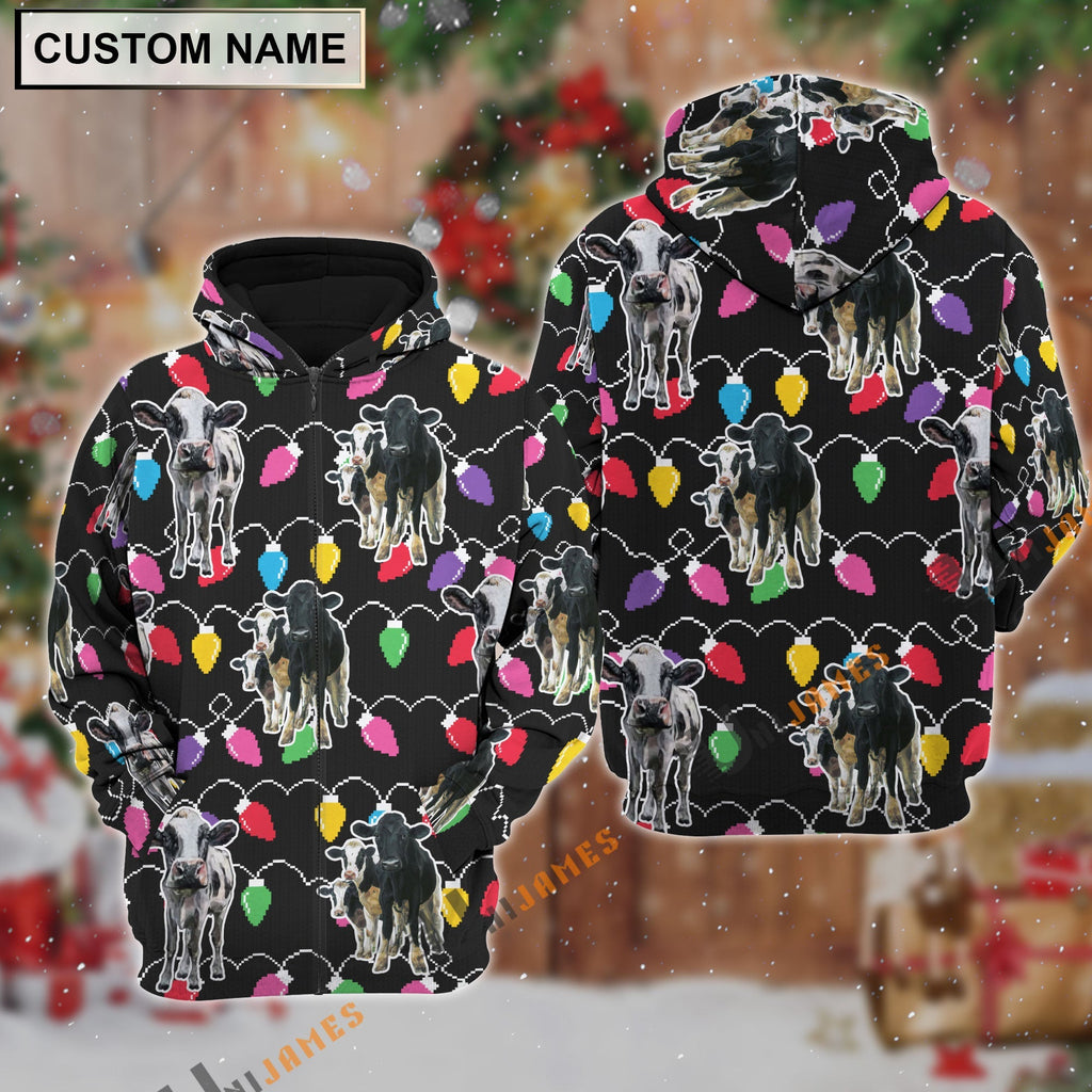 Holstein Christmas Led Light Personalized Name 3D Hoodie