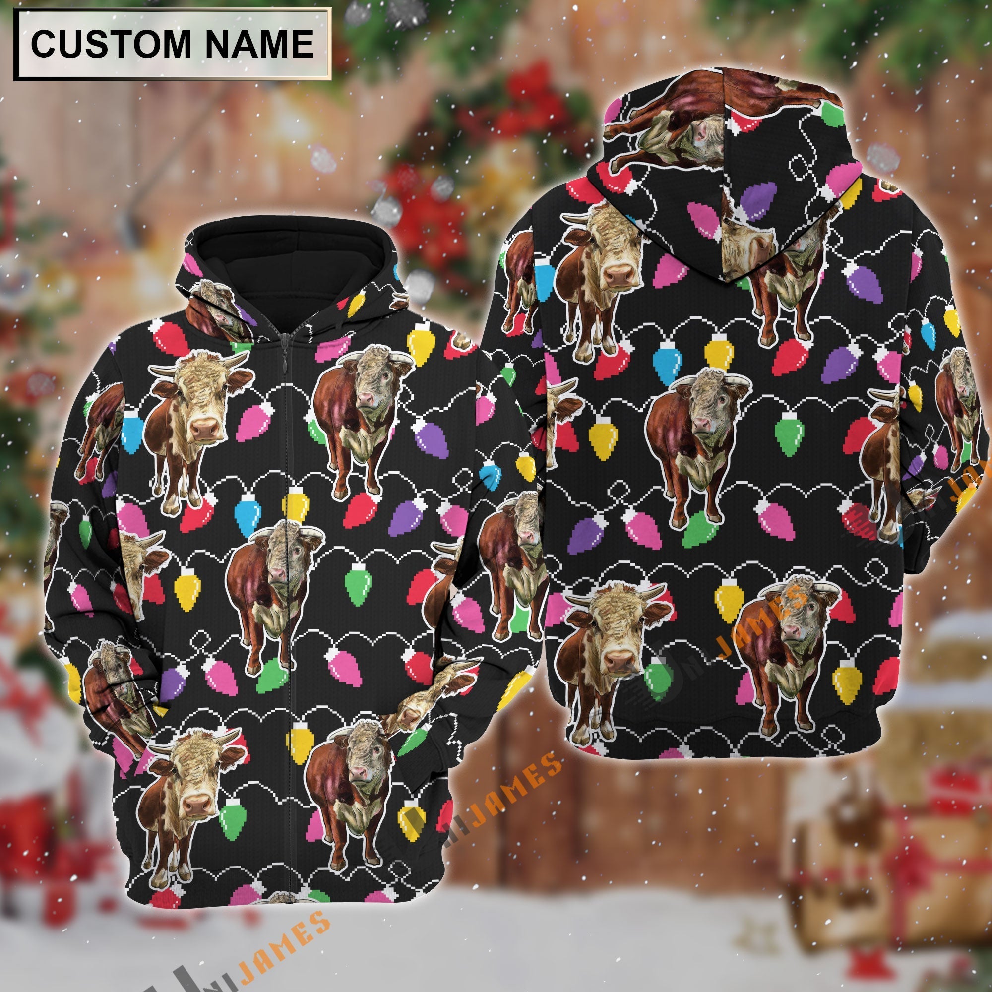 Hereford Christmas Led Light Personalized Name 3D Hoodie