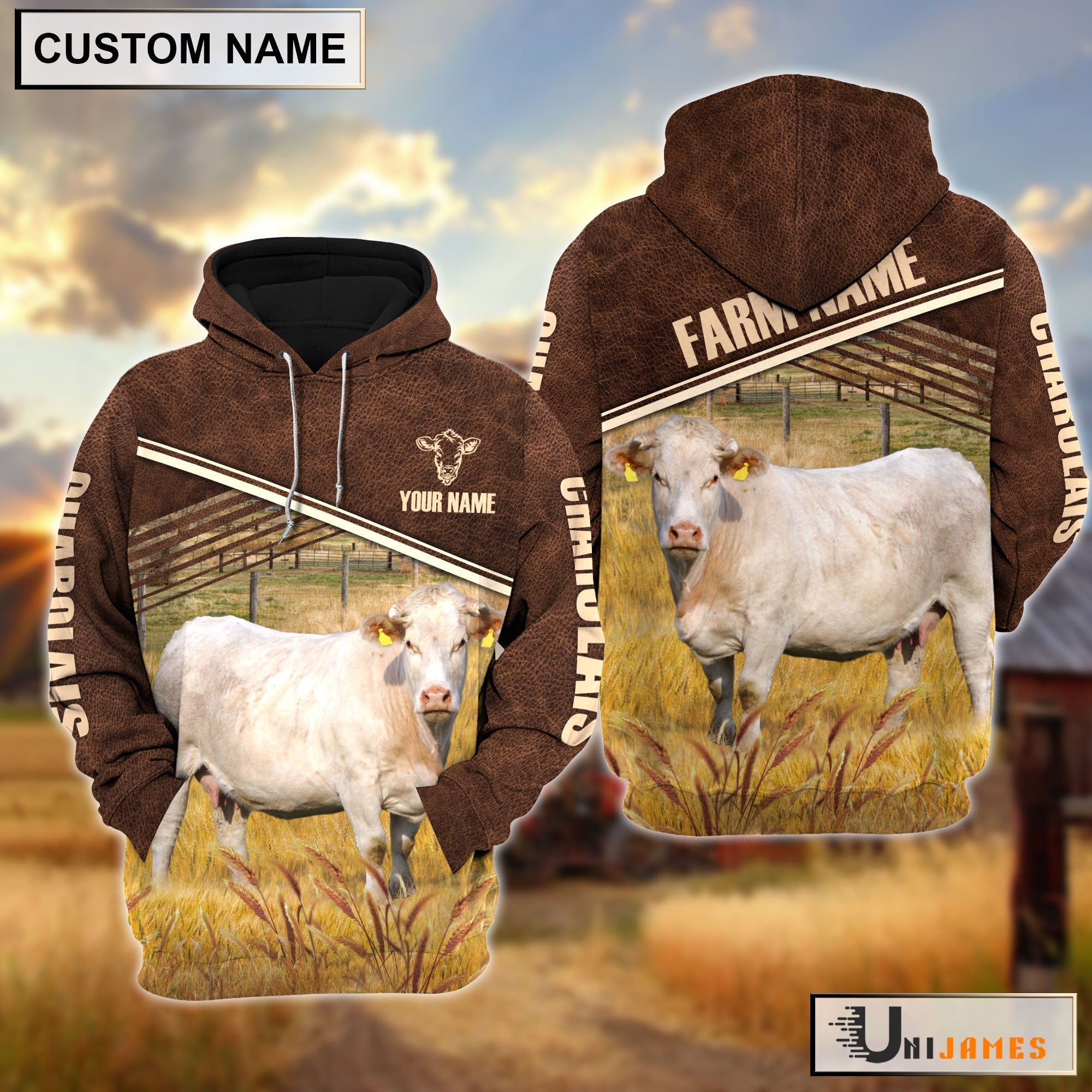 Charolais On Farm Leather Pattern Personalized Hoodie