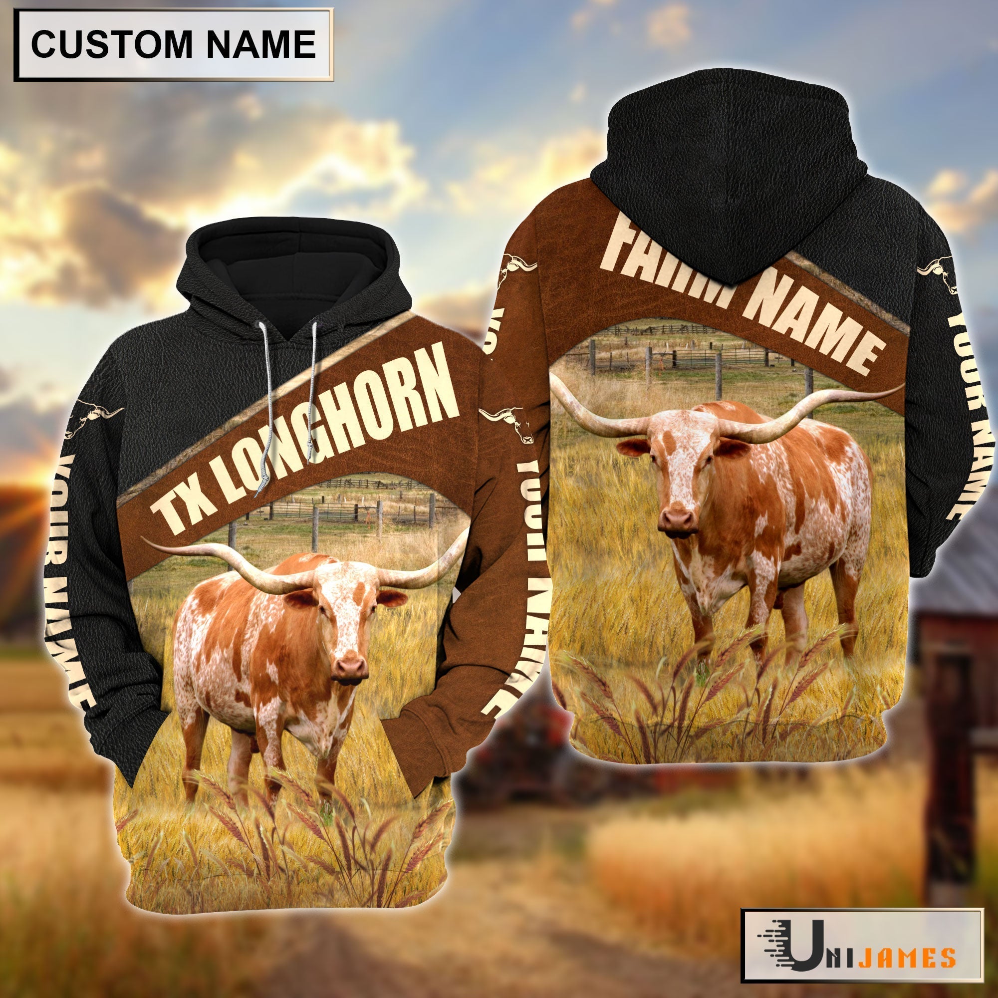 Personalized Name & Farm Name Texas Longhorn Cattle Hoodie