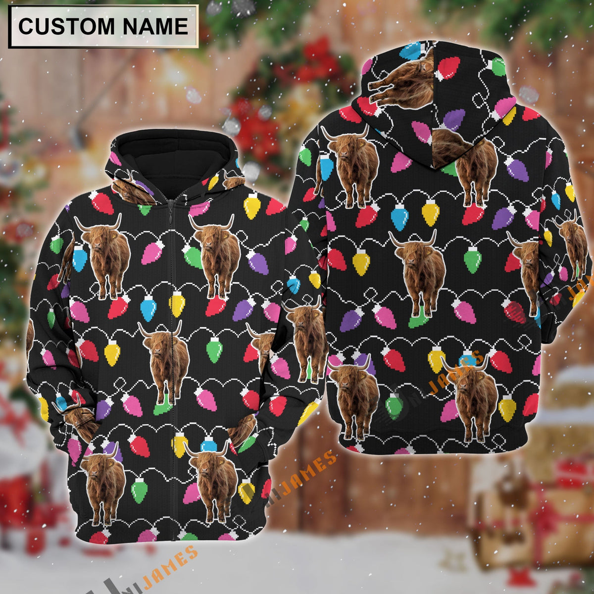 Highland Christmas Led Light Personalized Name 3D Hoodie