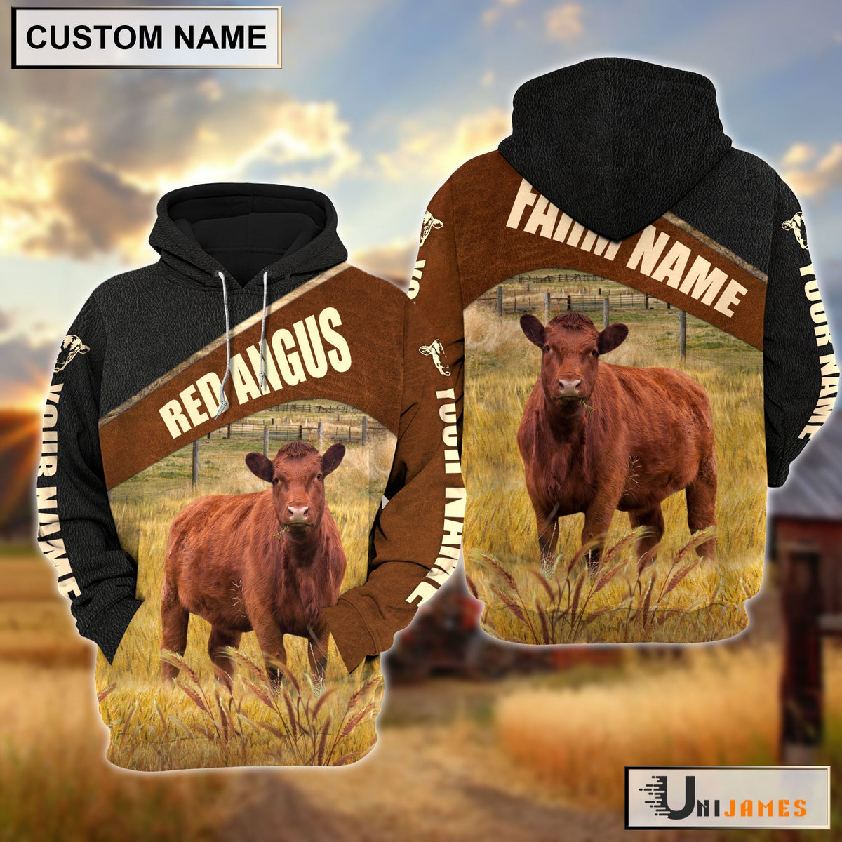 Personalized Name & Farm Name Red Angus Cattle Hoodie
