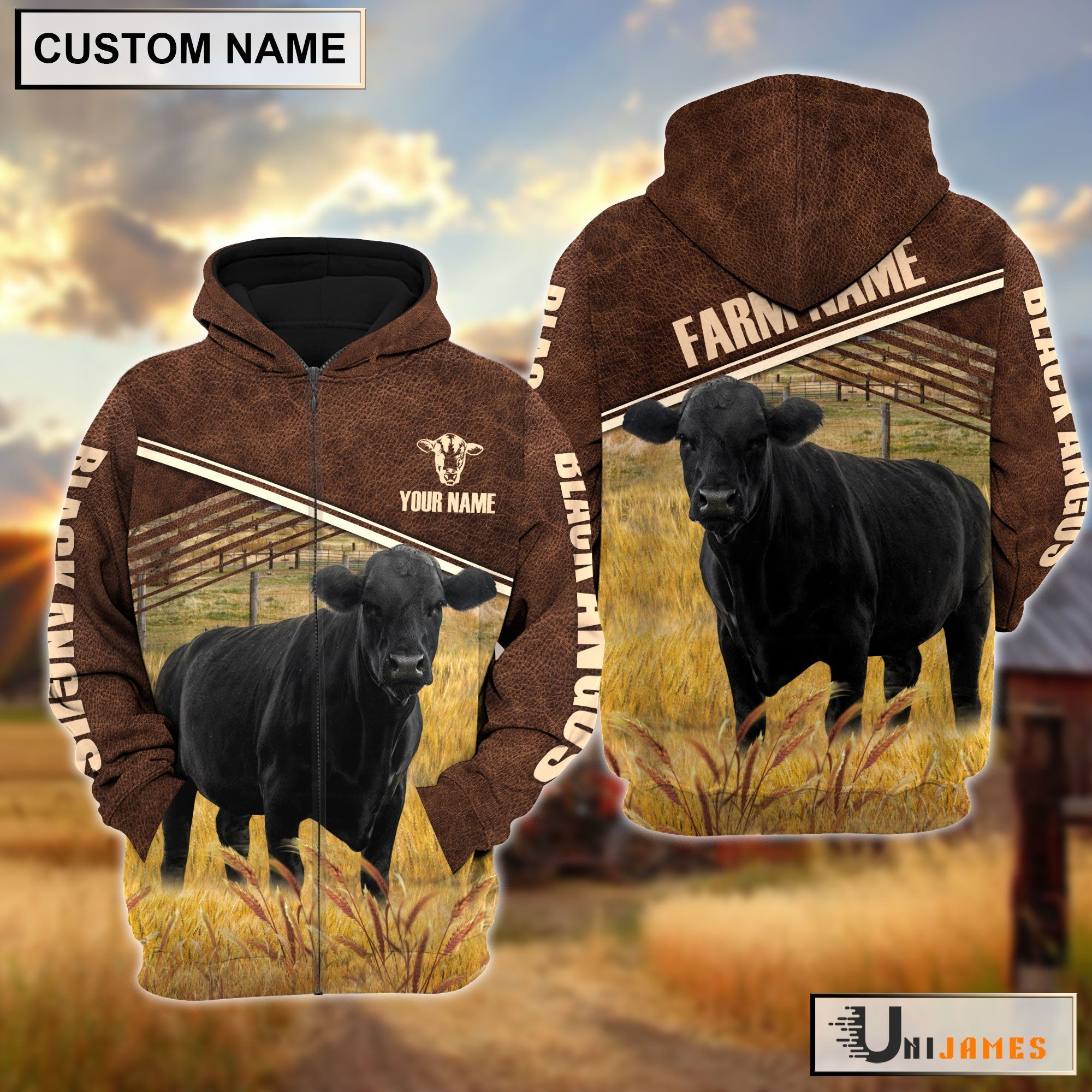 Black Angus On Farm Leather Pattern Personalized Hoodie