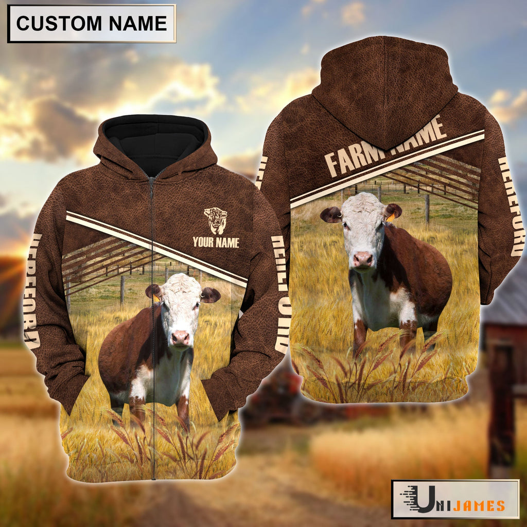 Hereford On Farm Leather Pattern Personalized Hoodie