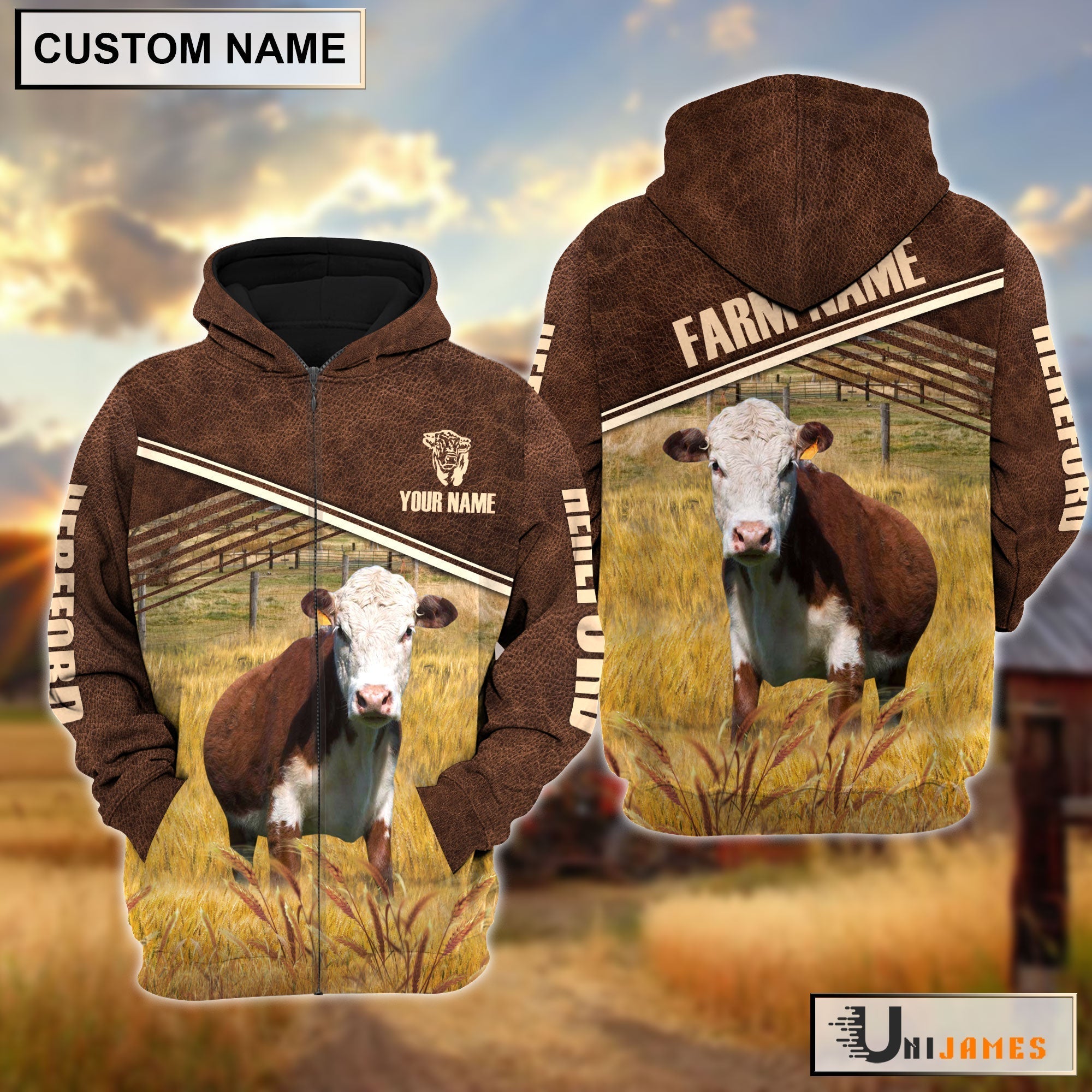 Hereford On Farm Leather Pattern Personalized Hoodie