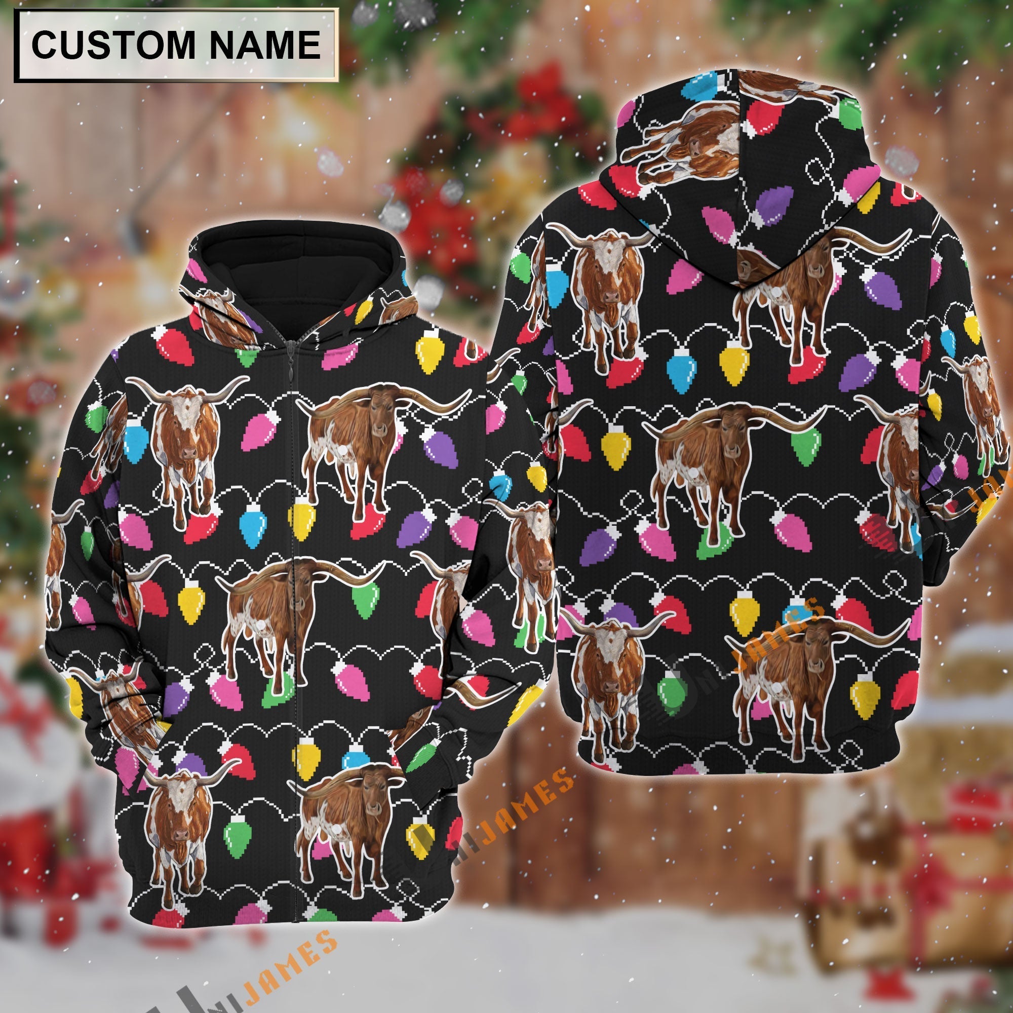 Texas Longhorn Christmas Led Light Personalized Name 3D Hoodie