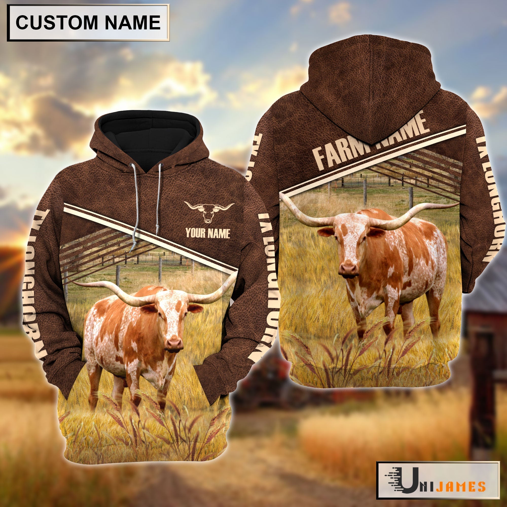 Texas Longhorn On Farm Leather Pattern Personalized Hoodie
