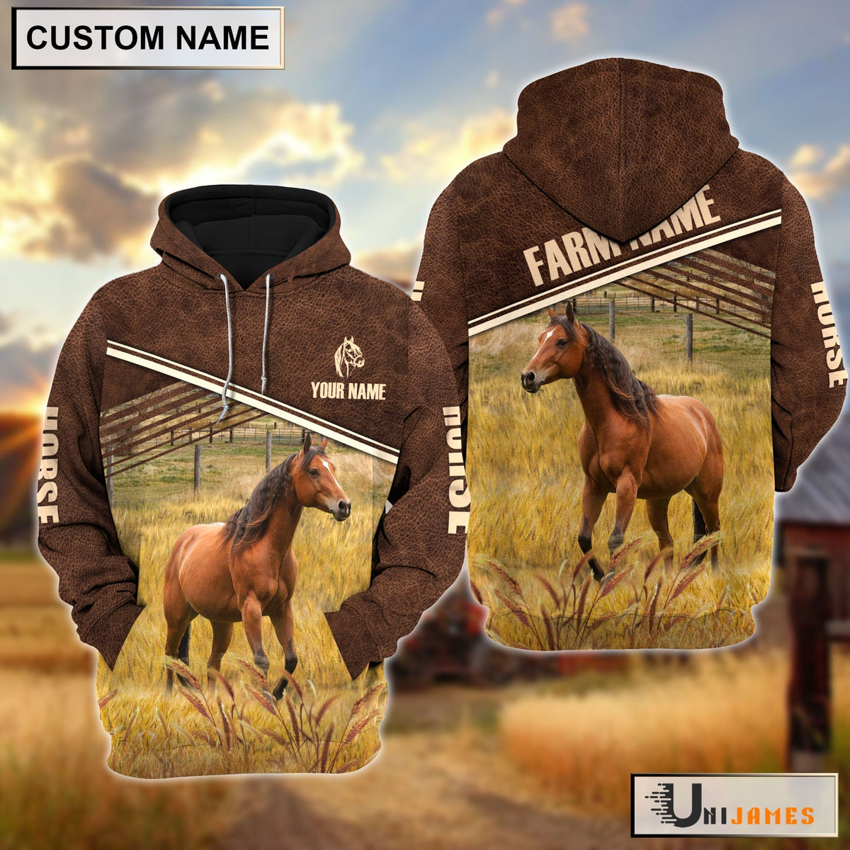 Horse On Farm Leather Pattern Personalized Hoodie