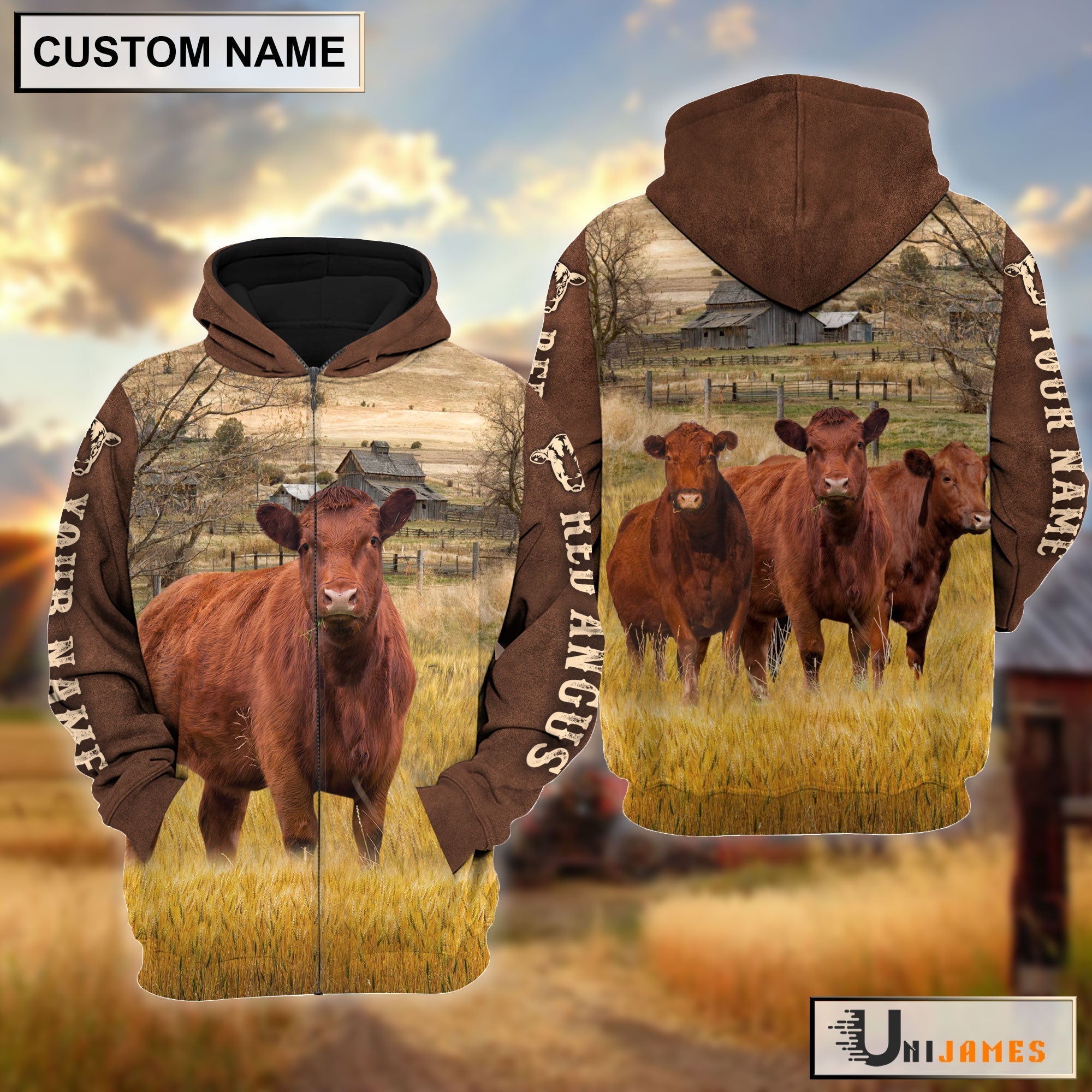 Red Angus Brown Sleeve Personalized Hoodie