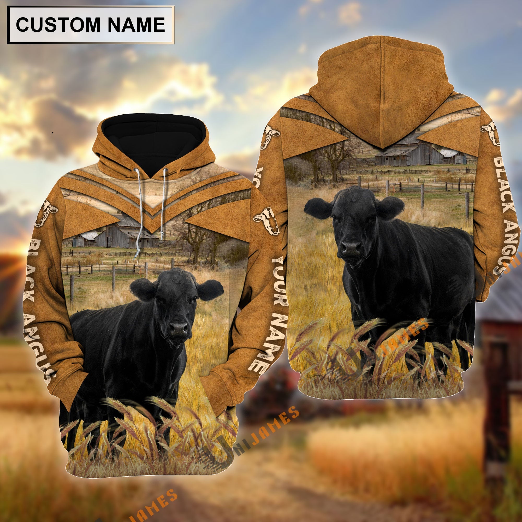Personalized Name Black Angus Brown Pattern 3D Hoodie