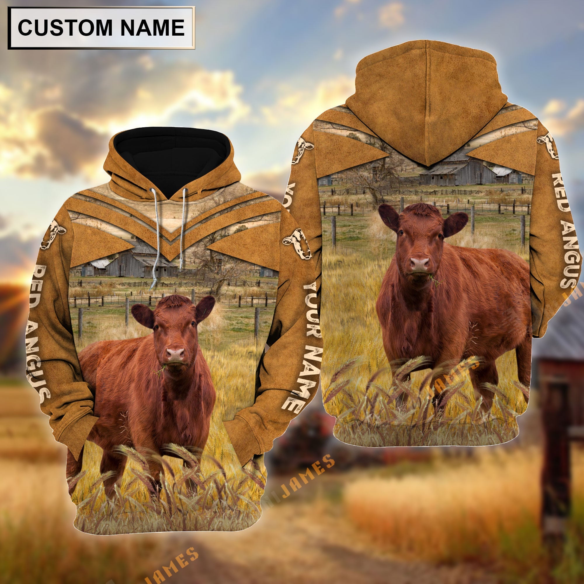 Personalized Name Red Angus Brown Pattern 3D Hoodie