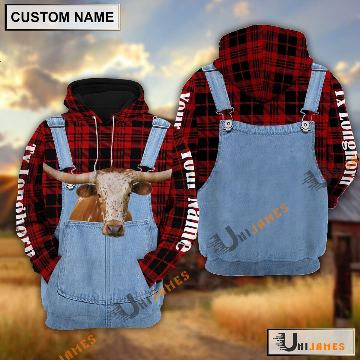 Texas Longhorn Red Jeans Pattern Personalized Name 3D Hoodie