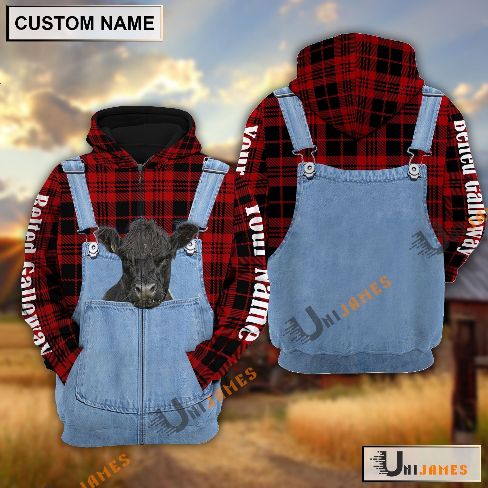 Belted Galloway Red Jeans Pattern Personalized Name 3D Hoodie