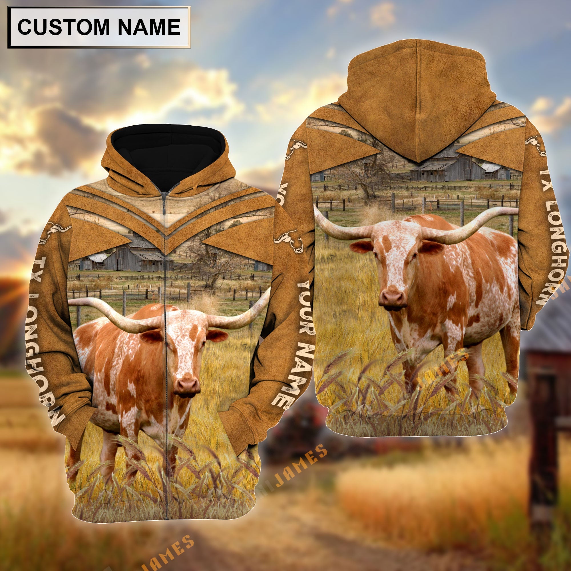 Personalized Name Texas Longhorn Brown Pattern 3D Hoodie