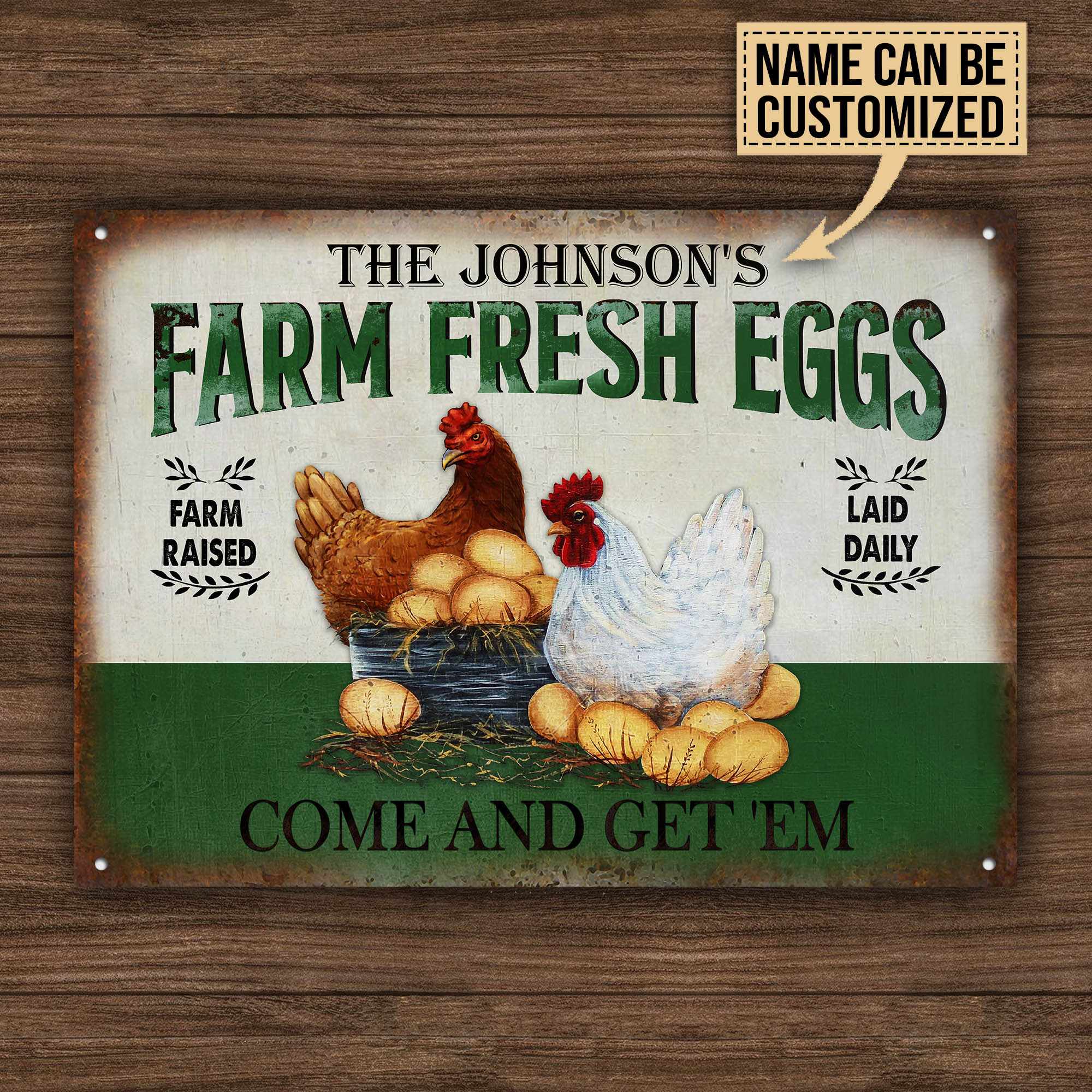 Customized Name Chicken Farm Fresh Eggs Green Come And Get 'Em All Printed 3D Metal Sign