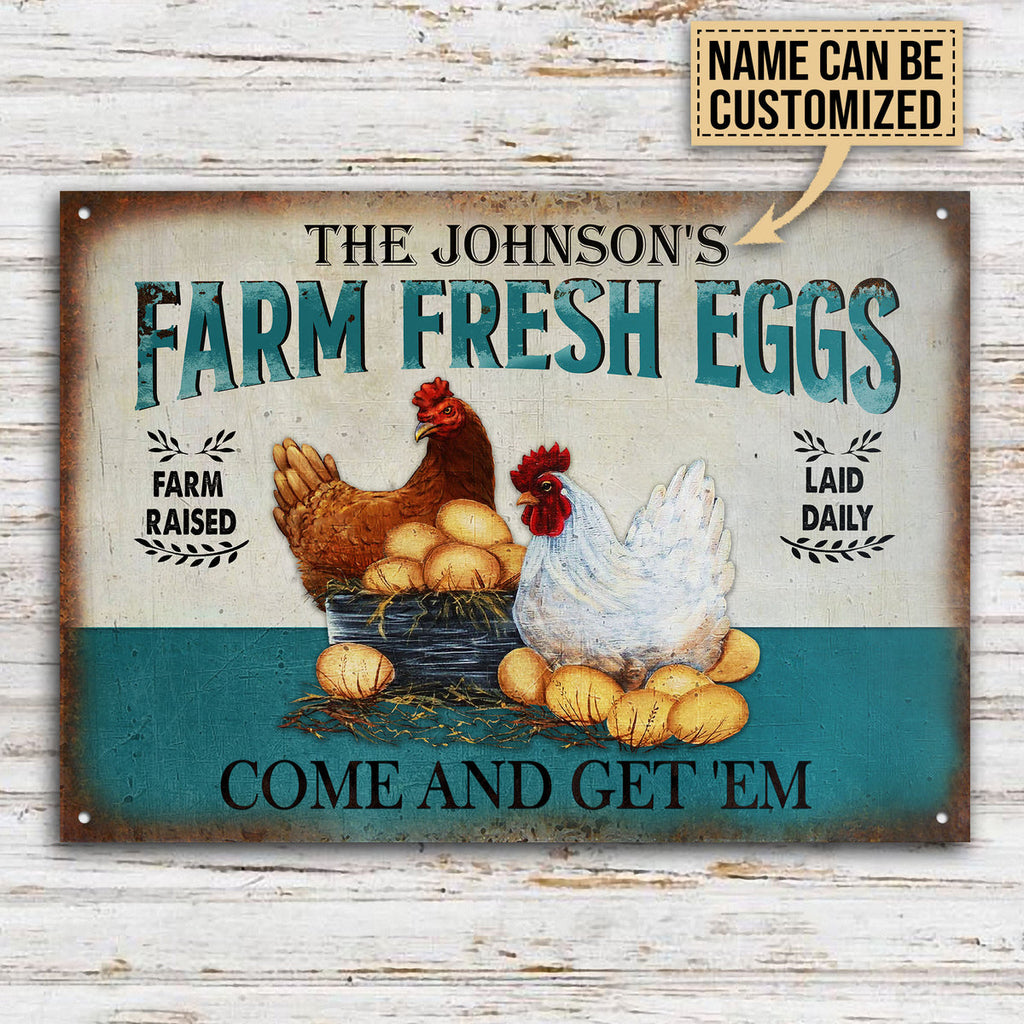 Personalized Chicken Farm Raised Laid Daily Turquoise Customized Classic Metal Signs