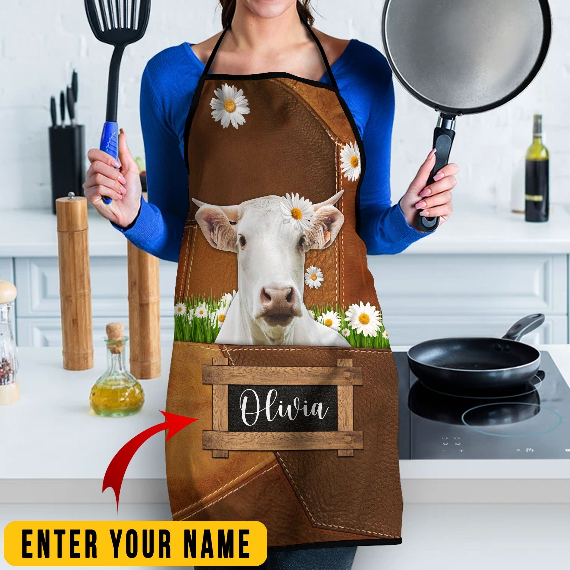 Personalized Name Charolais Cattle All Over Printed 3D Apron