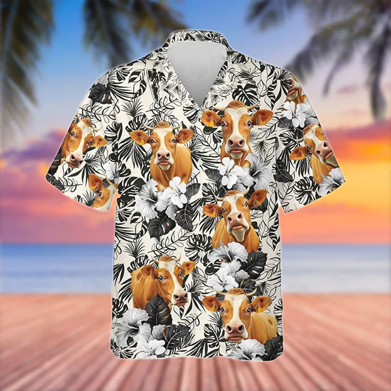 Limousin Black White Flowers Pattern 3D Hawaiian Shirt