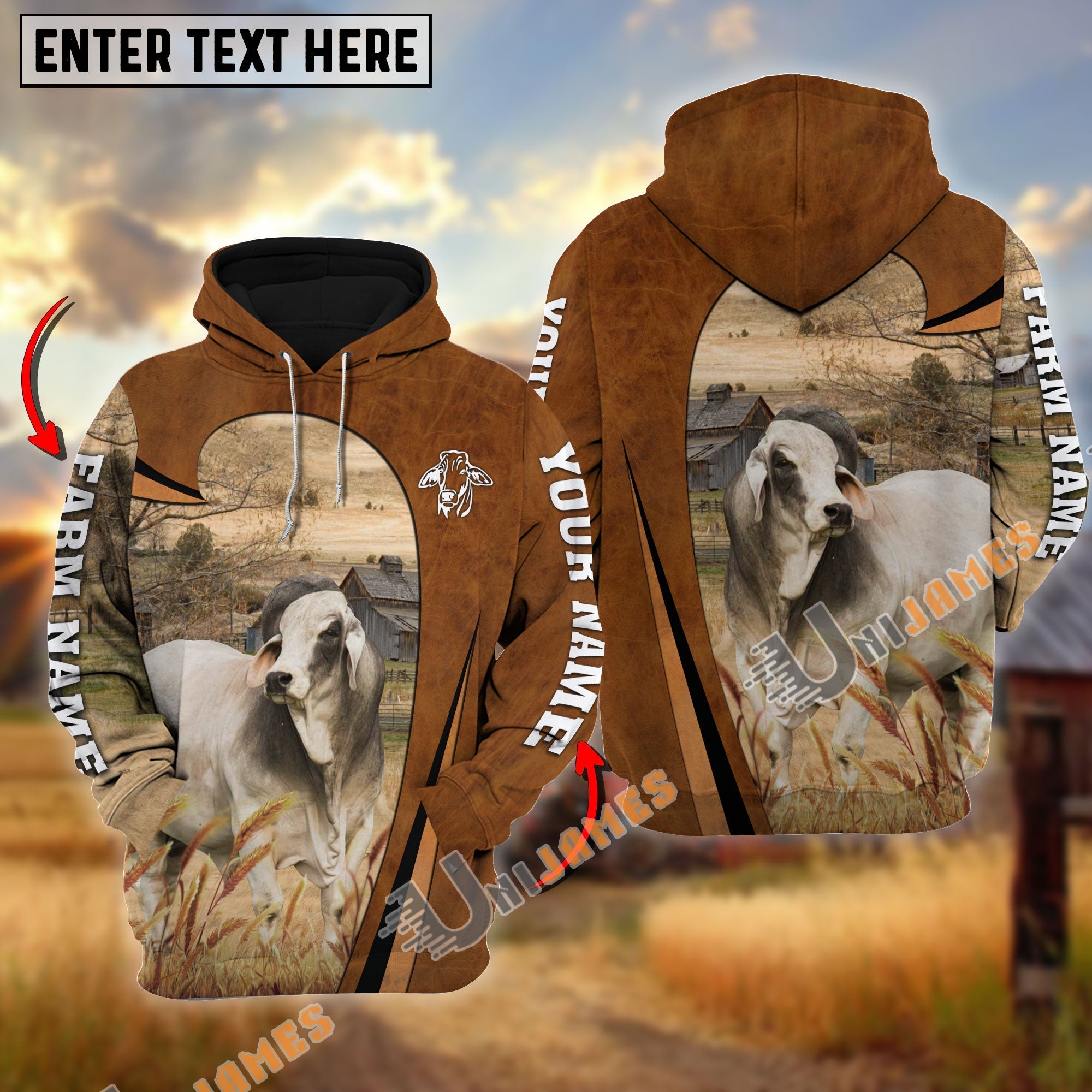 Personalized Name, Farm Name Brahman Premium Brown Pattern Hoodie