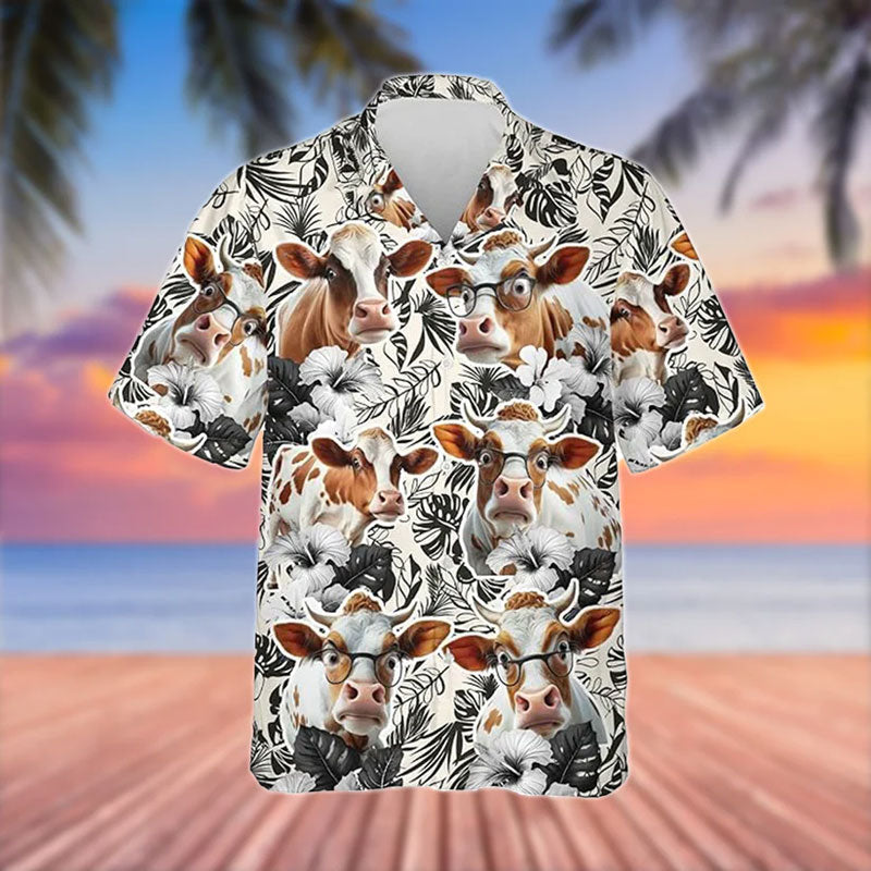 Shorthorn Black White Flowers Pattern 3D Hawaiian Shirt