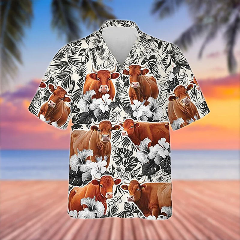 Red Angus Black White Flowers Pattern 3D Hawaiian Shirt