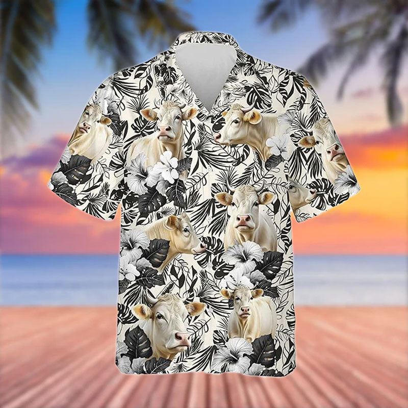 Charolais Black White Flowers Pattern 3D Hawaiian Shirt