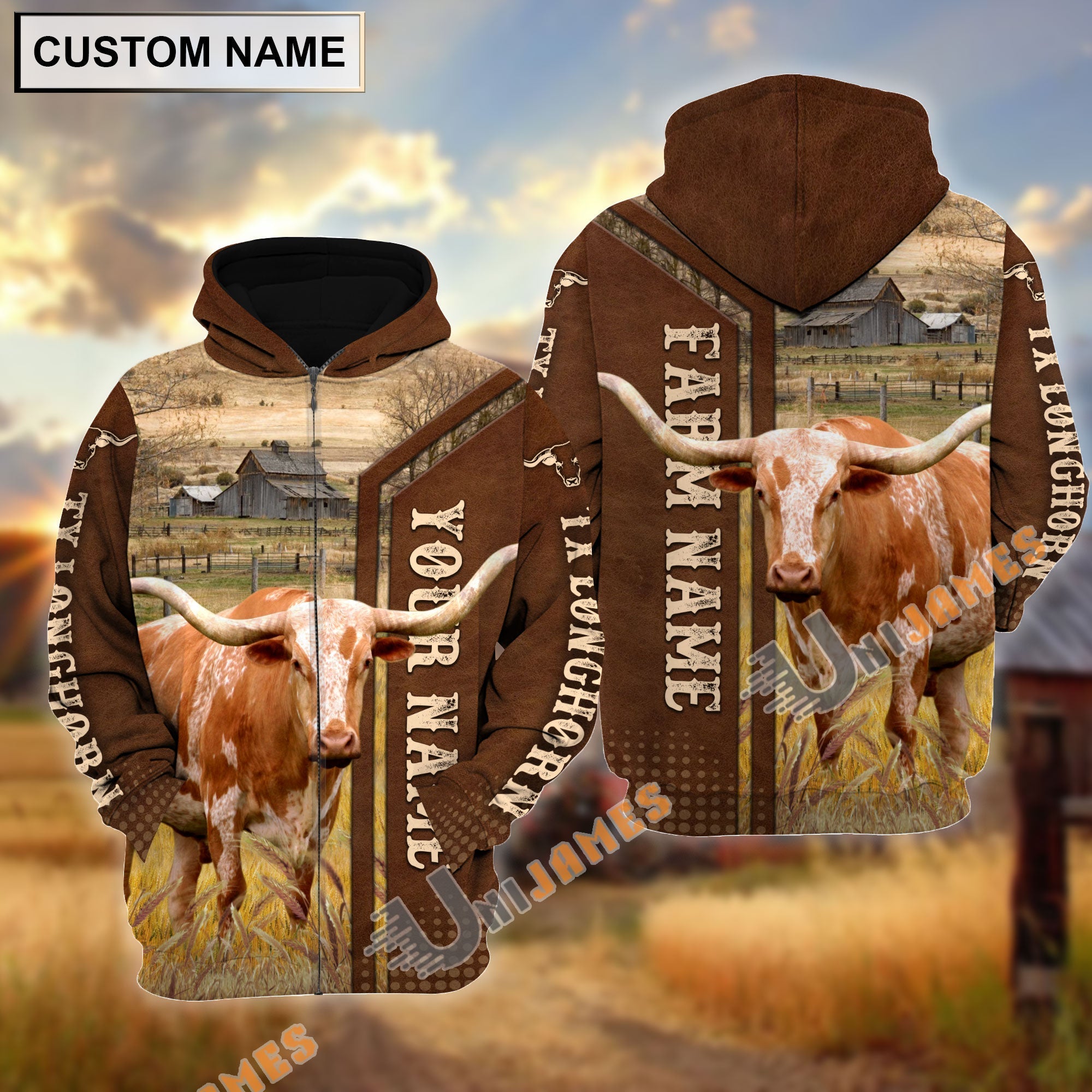 Texas Longhorn Personalized Name, Farm Name 3D Hoodie