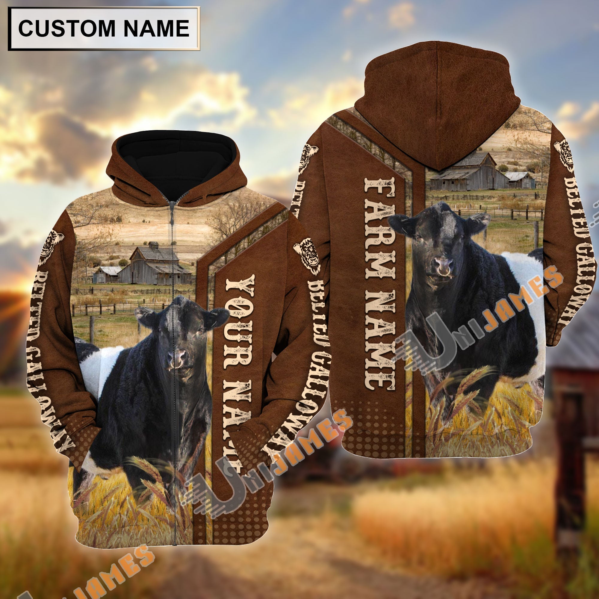 Belted Galloway Personalized Name, Farm Name 3D Hoodie